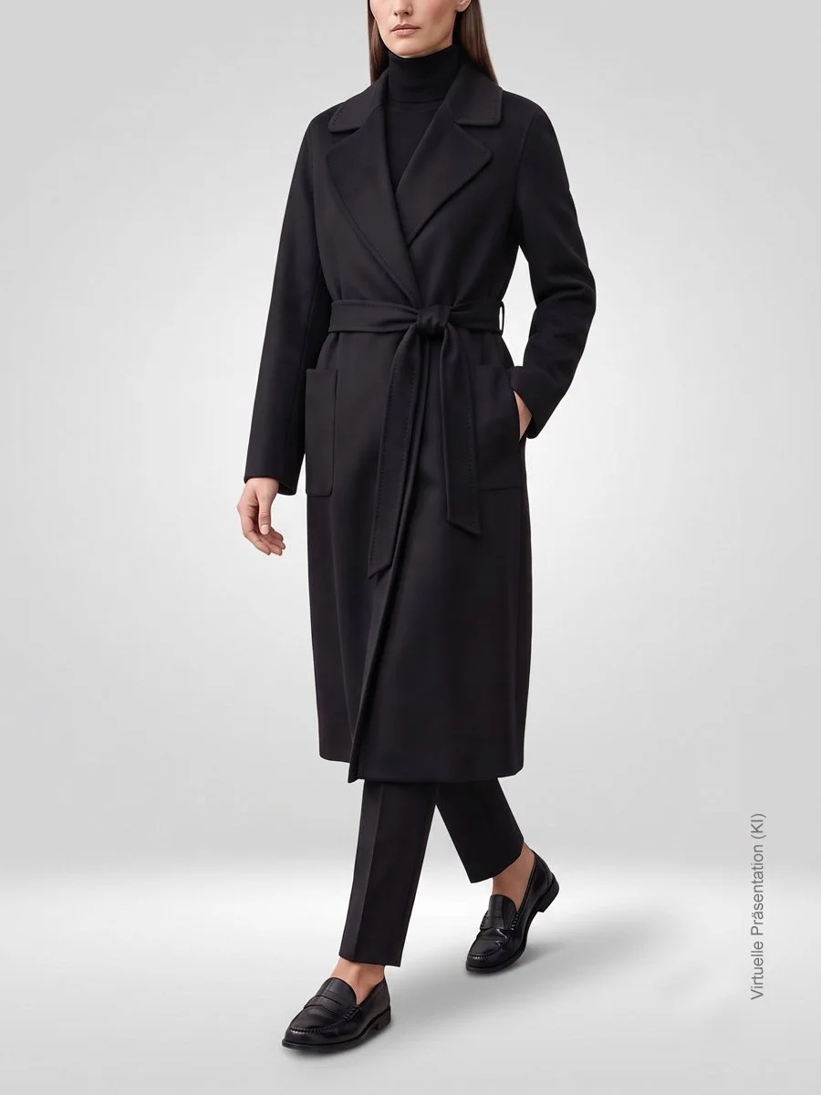 Wadenlanger schwarzer zweireihiger Damen-Mantel nach Maß aus Kaschmir-Seide mit Bindegürtel, unconstructed im Wrap-Stil, Atelier Burcu in Essen Werden. 