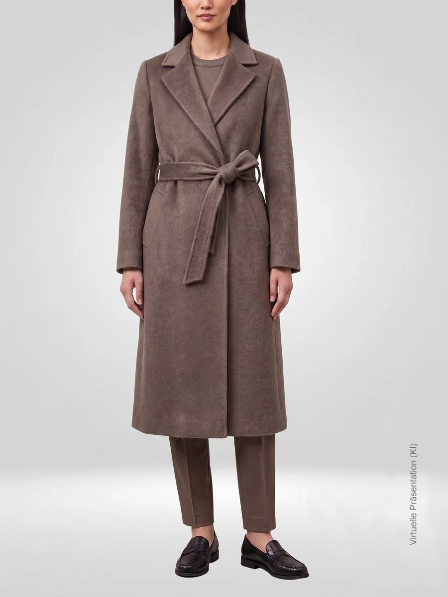 Mittellanger einreihiger Damen-Lodenmantel im Wrap-Stil nach Maß aus Wollloden in Taupe mit Bindegürtel, unconstructed, Atelier Burcu in Essen Werden. 