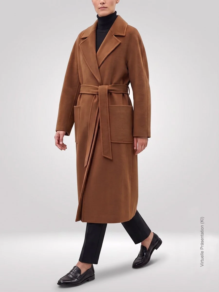 Wadenlanger tabakbrauner Damen-Kaschmirmantel nach Maß mit Bindegürtel, unconstructed im Wrap-Stil, Atelier Burcu in Essen Werden.