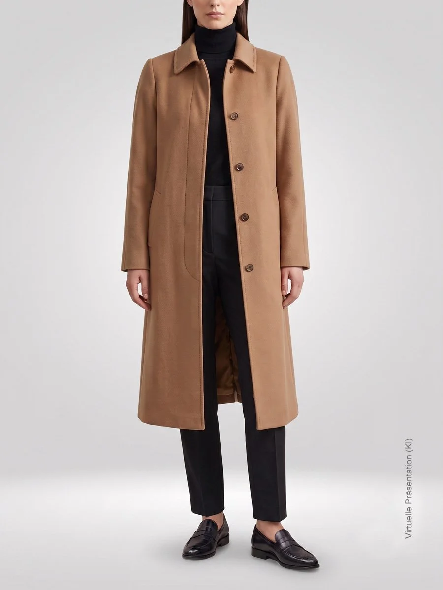 Ikonischer Damen-Kaschmirmantel Straight-Fit Raincoat nach Maß in Kamelbraun, unconstructed ohne Gürtel mit verdeckter Knopfleiste, Atelier Burcu in Essen Werden.  