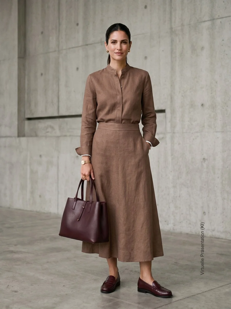 Elegante Frau im maßgeschneiderten Mocha Mousse braunen Leinen-Ensemble mit Bluse und Rock sowie einer Handtasche als Teil der Private Curation im Atelier Burcu in Essen-Werden.