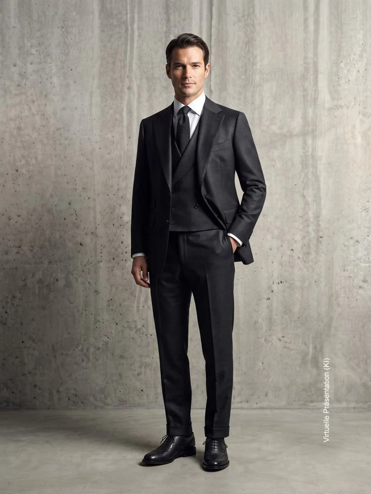 Stilvoller Gentleman in einem maßgeschneiderten dunklen Dreiteiler-Maßanzug mit Weste und Krawatte als Business-Look von Atelier Burcu in Essen-Werden.