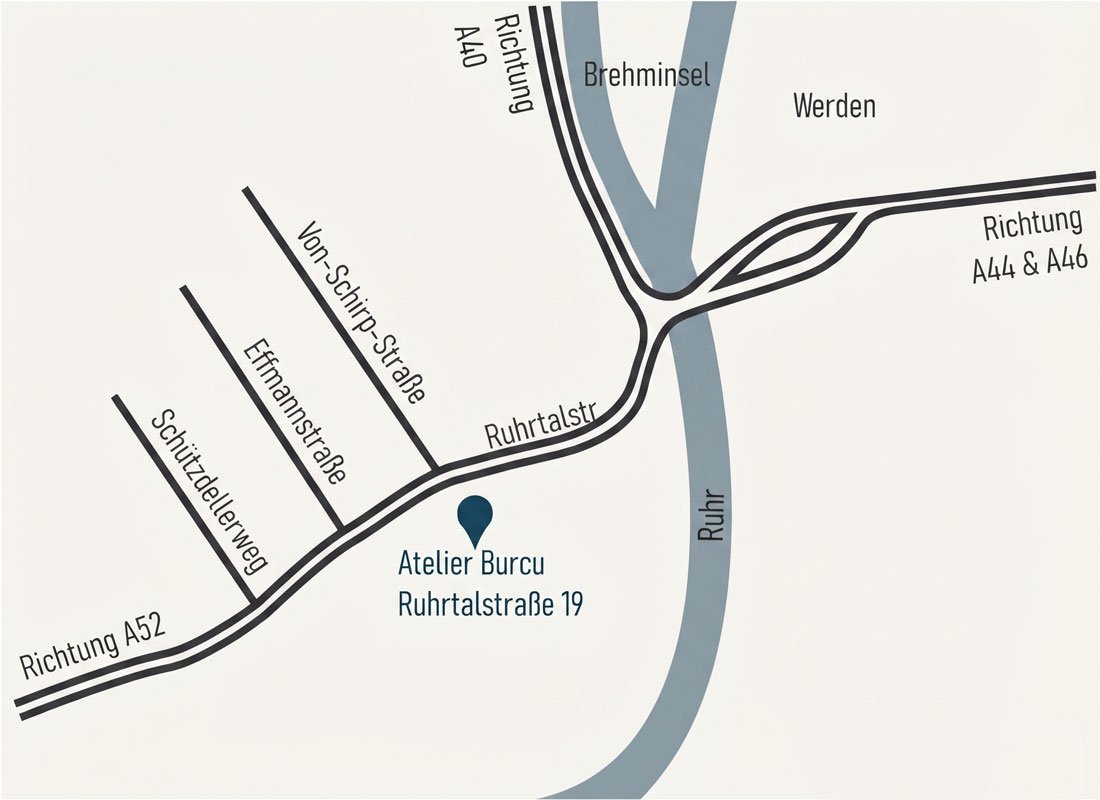 Atelier Burcu für Maßschneiderei & Maßkonfektion in Essen. Eine Vektor Grafik zeigt eine Karte/Map für die Anfahrt. Hinweise zu A52, A40, A44 und A46. Das Atelier ist in Essen-Werden