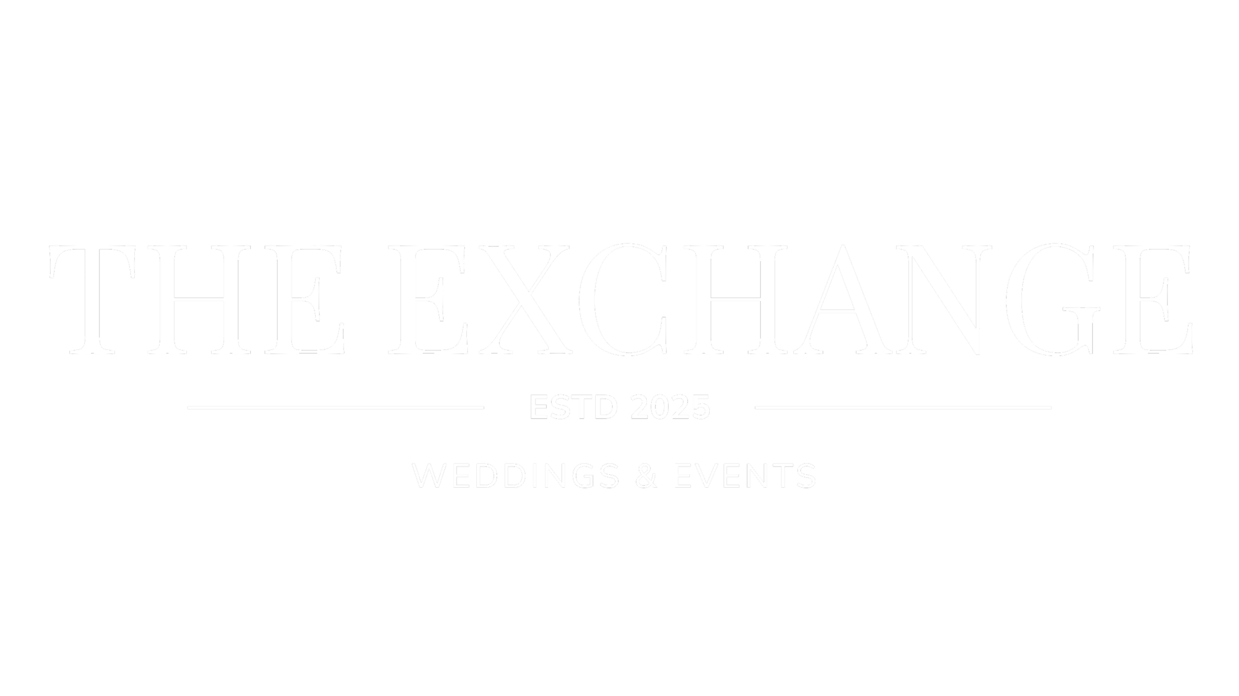 Black background with white text logo for The Exchange, established 2025, specializing in weddings and events.