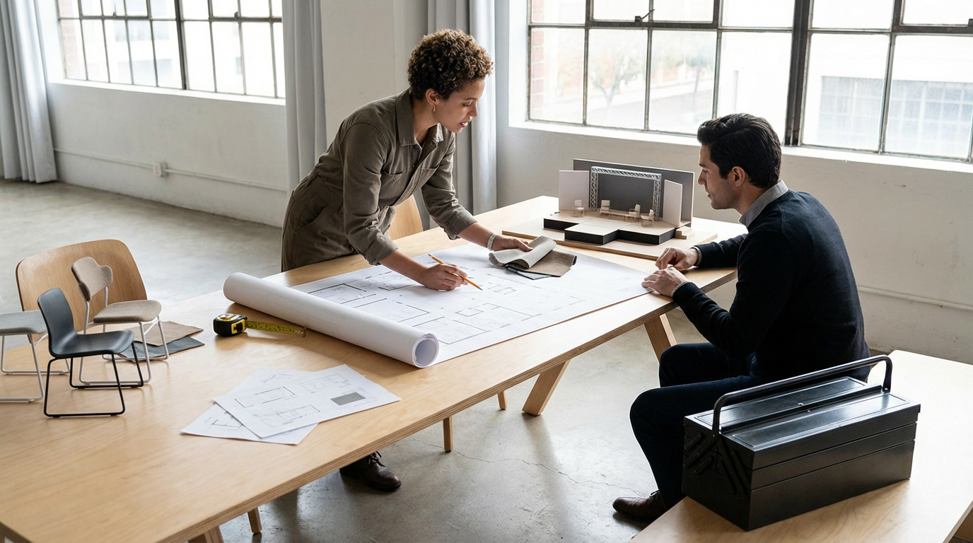 Two people discussing architectural plans at a table in a bright office with large windows.