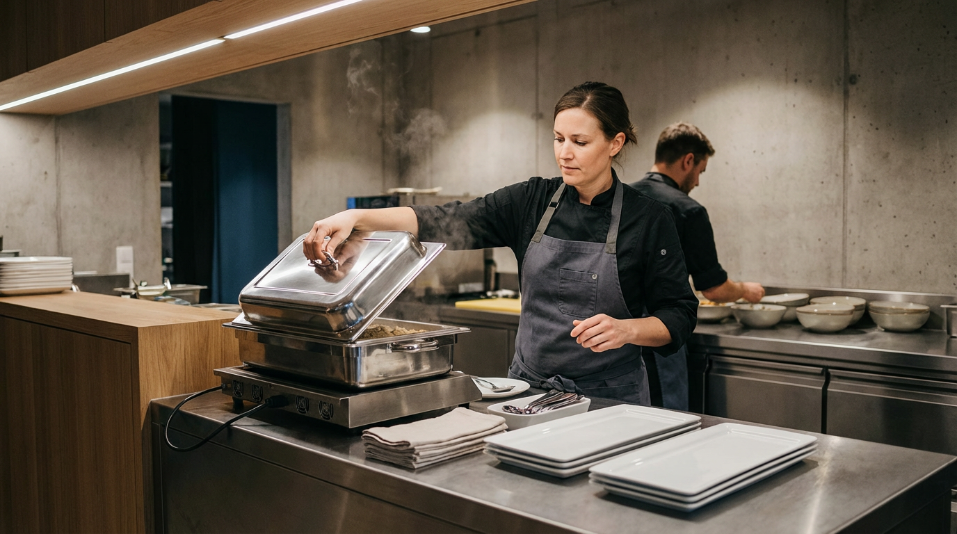 A female chef in a black uniform and gray apron lifts a lid off a chafing dish in a professional kitchen. In the background, another chef is preparing dishes at a counter. There are stacked plates and bowls on the counter.