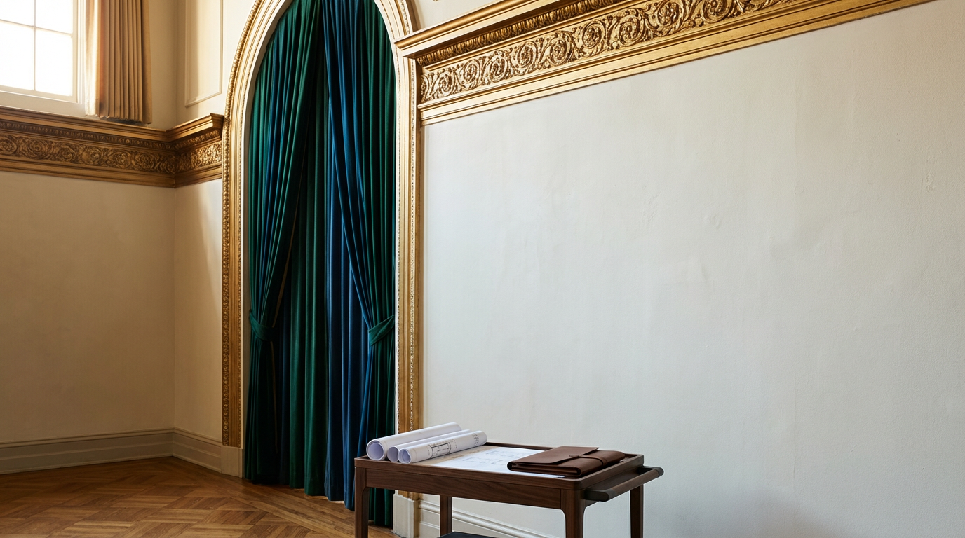 An empty room with ornate gold trim and teal curtains, a small table with rolled-up blueprints and a leather portfolio.
