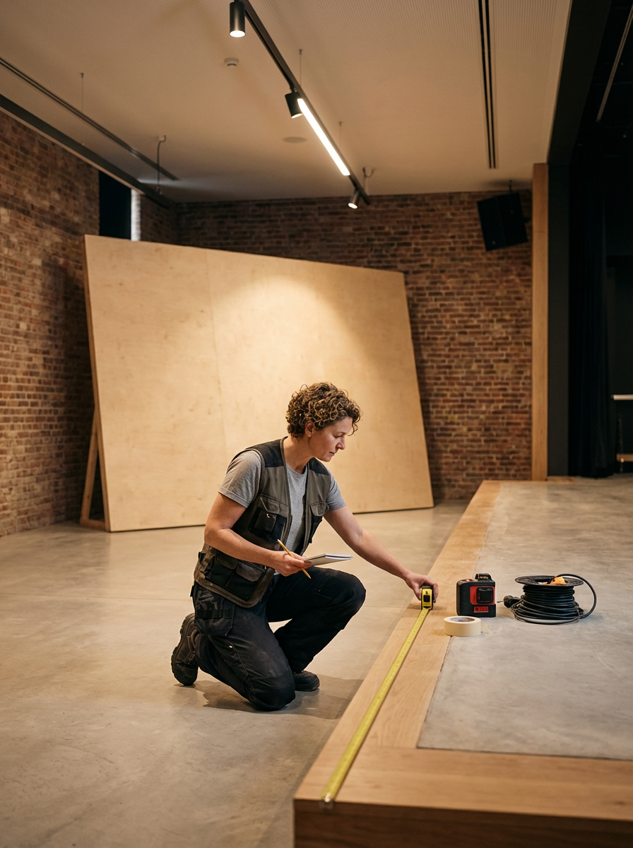 A woman kneeling on the floor using a measuring tape to measure the length of a stage in a room with brick walls and wooden panels.
