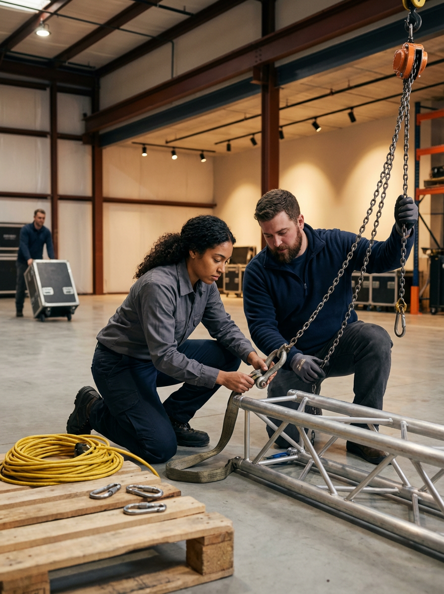 Two people, a woman and a man, working together to assemble or repair a metal structure in a warehouse or workshop. The woman is holding a chain or strap while the man is adjusting or securing it. There are tools, hooks, a yellow extension cord, and wooden pallets nearby.