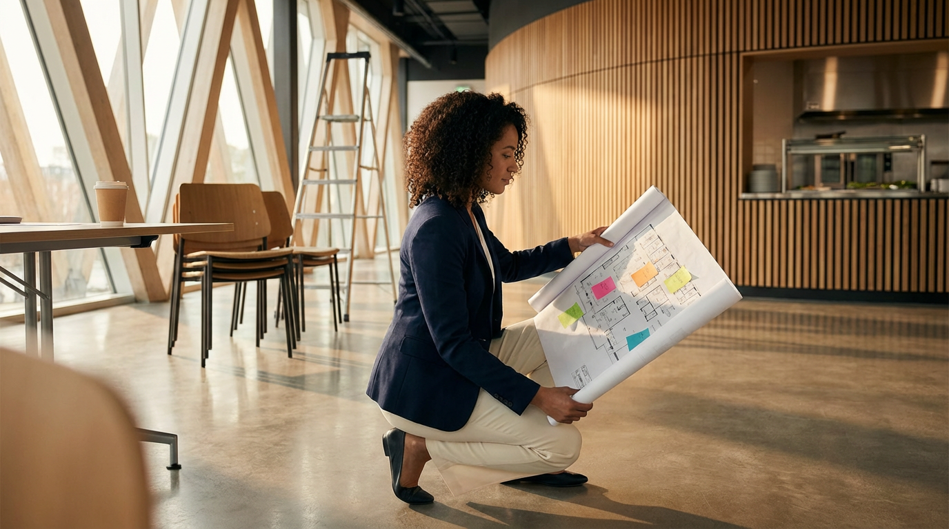 A woman kneeling on one knee while looking at architectural blueprints in a modern, well-lit building with large windows and wooden wall panels.
