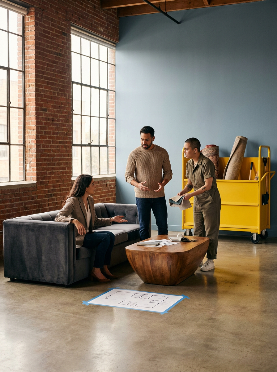 Three people having a discussion in a loft-style room with large windows, a gray couch, a wooden coffee table, and a yellow utility cart with rolled-up rugs; a diagram or floor plan is on the floor.