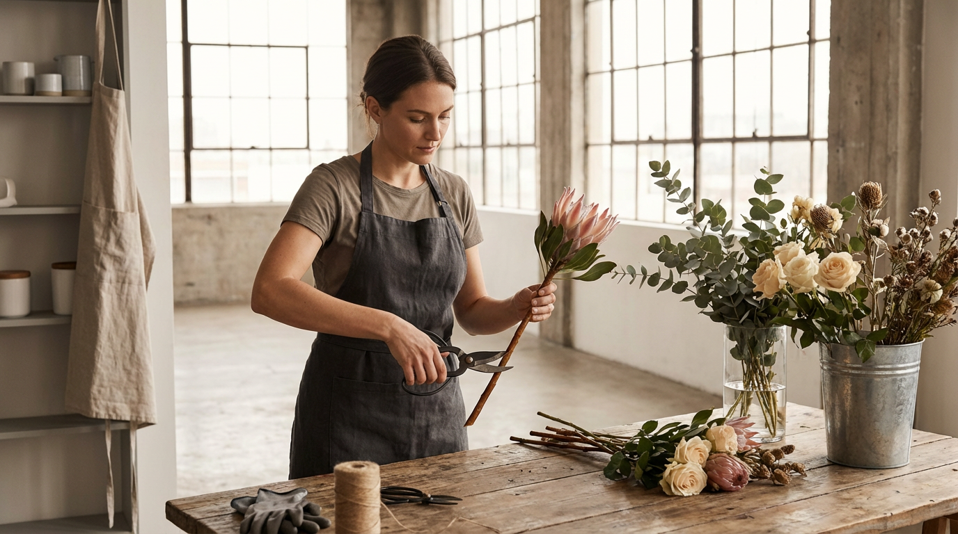 A woman arranging flowers in a rustic, bright flower shop with large windows, using pruning shears to cut a flower stem.