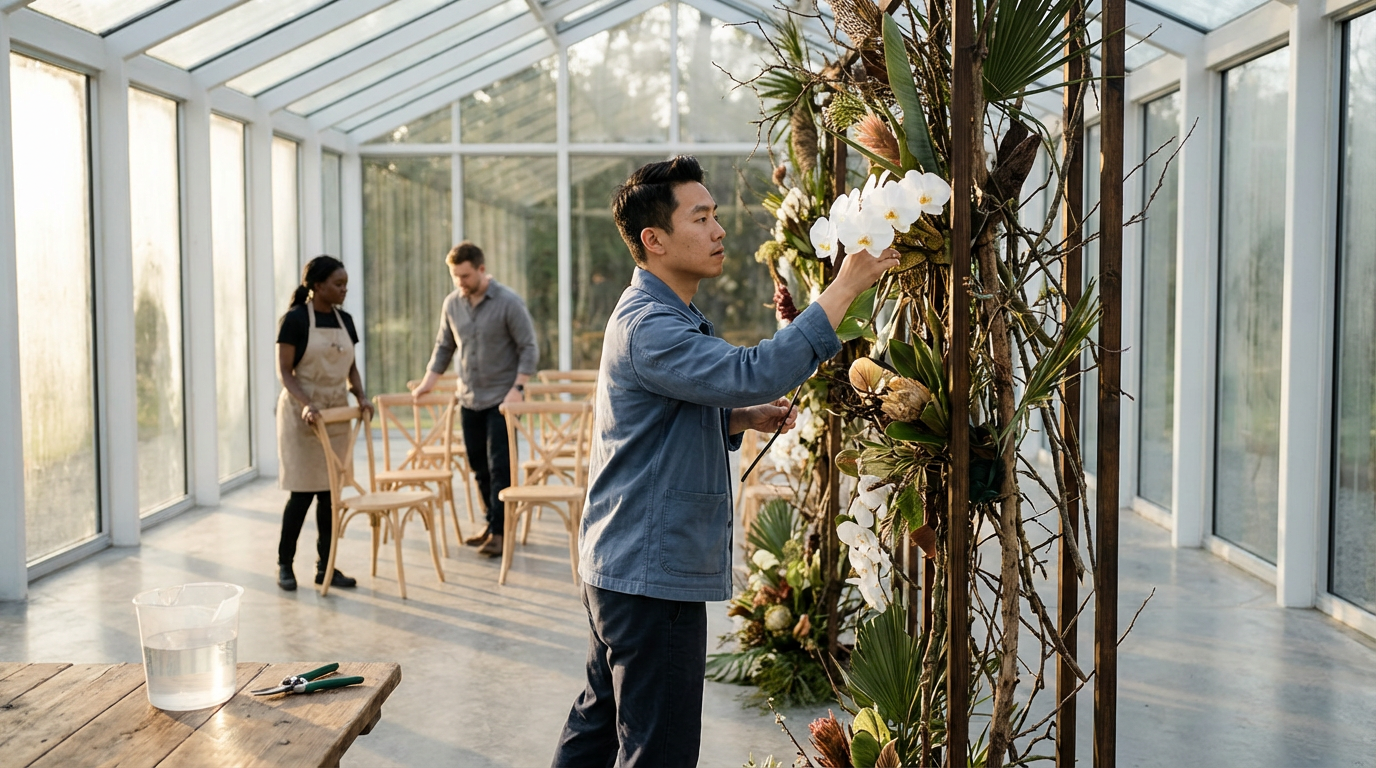 A man arranging orchids on a vertical plant display inside a glass greenhouse with two people working in the background.