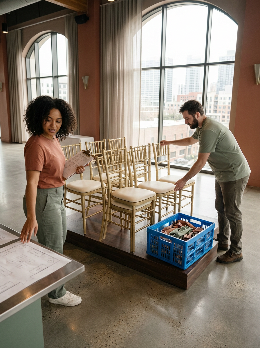 Two people preparing for a wedding setup with multiple gold-colored chairs arranged on a wood platform, inside a room with large arched windows and city view, one person holding a clipboard and the other handling chairs near a blue storage box with fabric.