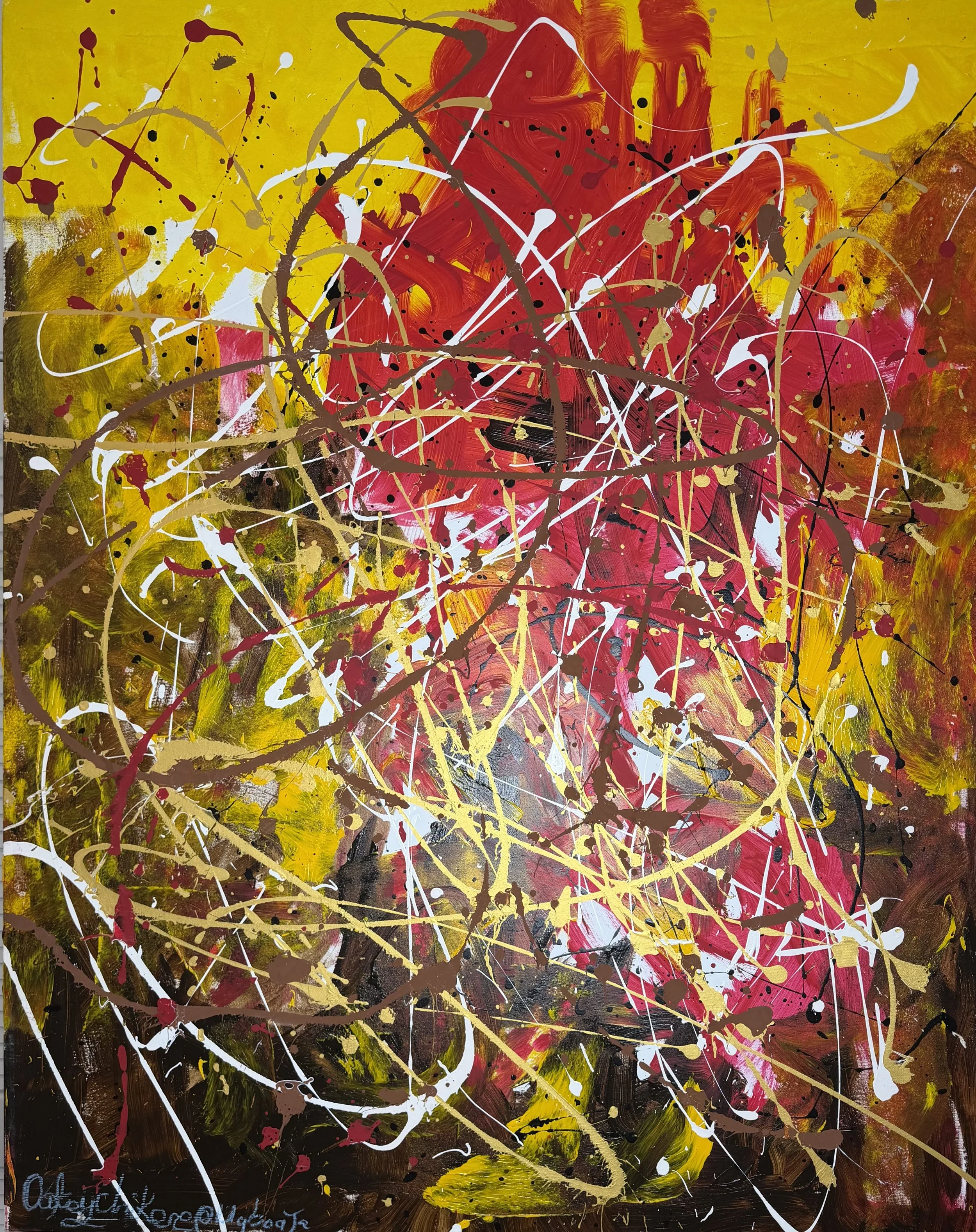 An abstract expressionist painting featuring splatters, drips, and strokes in red, yellow, white, black, and gold tones, creating a chaotic and vibrant composition.