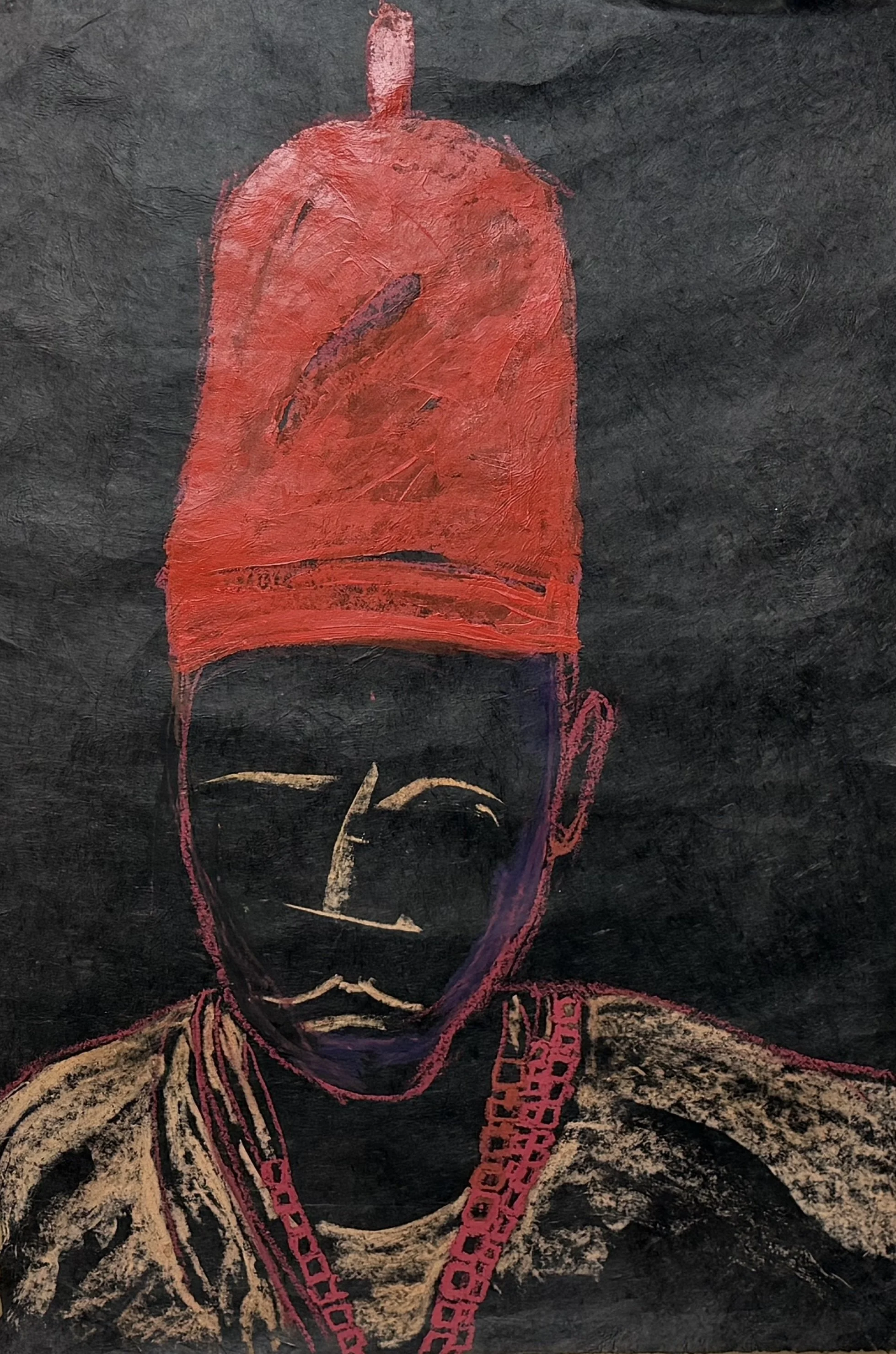 Abstract artwork of a person wearing a red cap, dark clothing, and a red chain necklace, set against a dark background. The face is not detailed, with simple line work and textured shading.