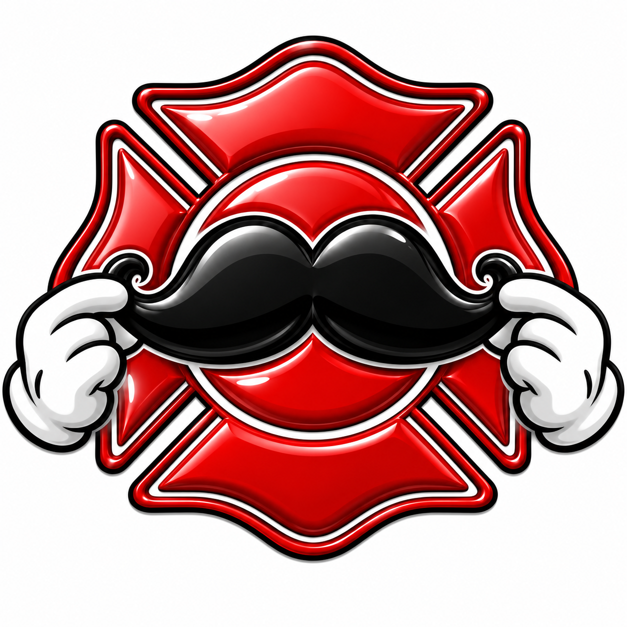 Neon sign of a red and black Maltese cross with cartoon-style white-gloved hands holding a black mustache in front of the mouth.