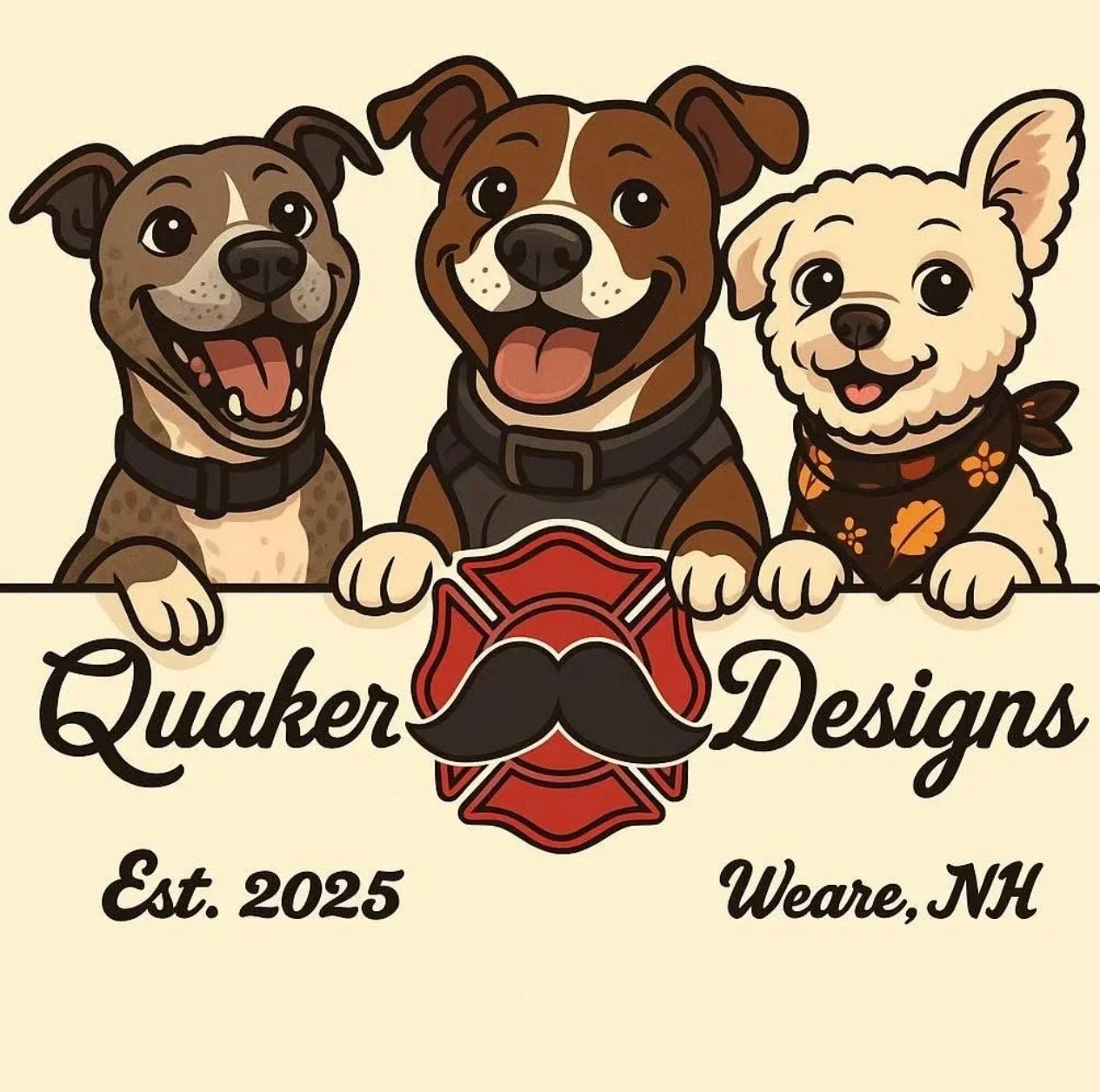 Cartoon illustration of three dogs with a fire department badge and the words "Quaker Designs," "Est. 2025," and "Ware, NH".