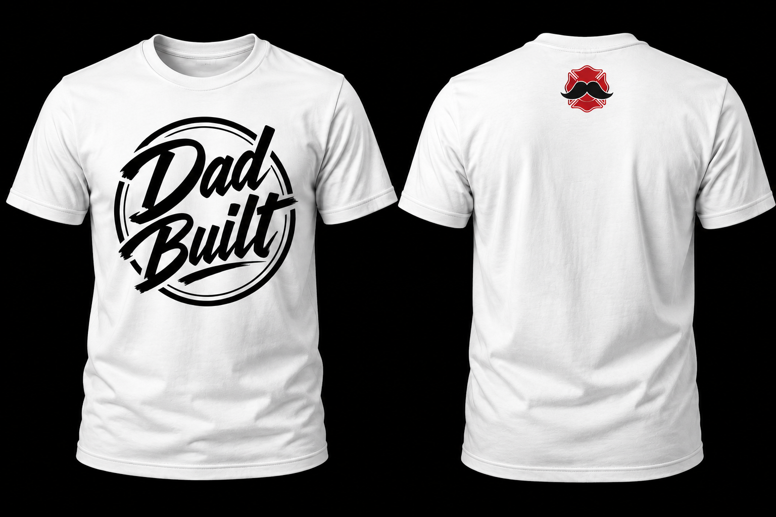 White T-shirt with the text "Dad Built" on the front and a small graphic of a mustache on a red shape on the back.