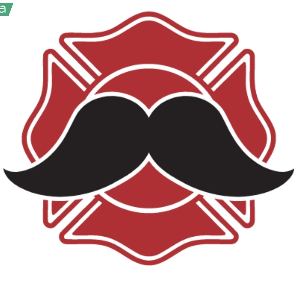 Illustration of a black mustache with a red and white firefighter badge in the background.