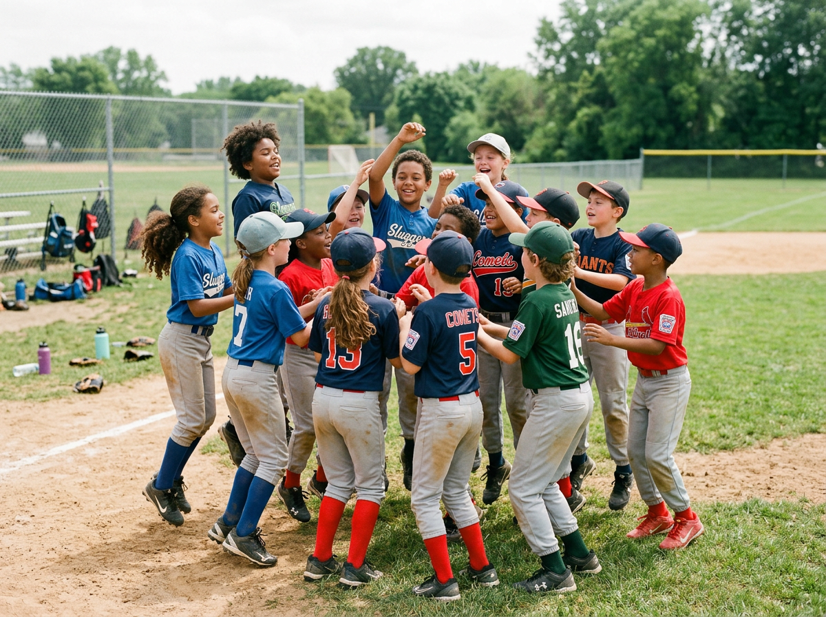 A group of young children in baseball uniforms celebrating on a baseball field.