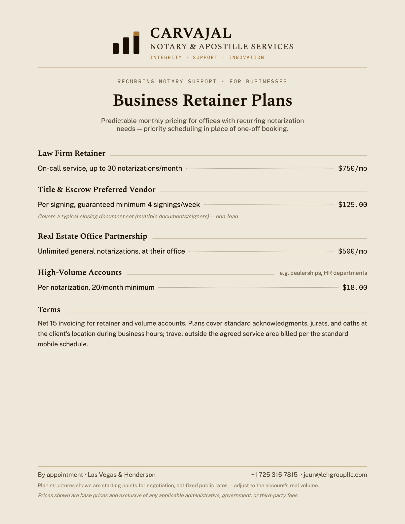 A document detailing business retainer plans for notary services, including pricing for law firm retainer, title and escrow services, real estate partnership, and high-volume accounts, with additional contact information at the bottom.