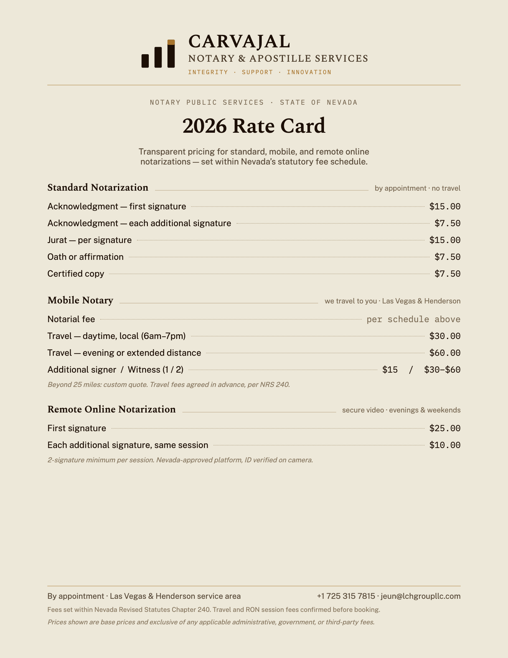 A document titled '2026 Rate Card' from Carvajal Notary & Apostille Services. It includes prices for notary services in Nevada, such as acknowledgment signatures, jurat signatures, affidavits, certified copies, mobile notarization, and remote online notarization, with details about fees and service areas.