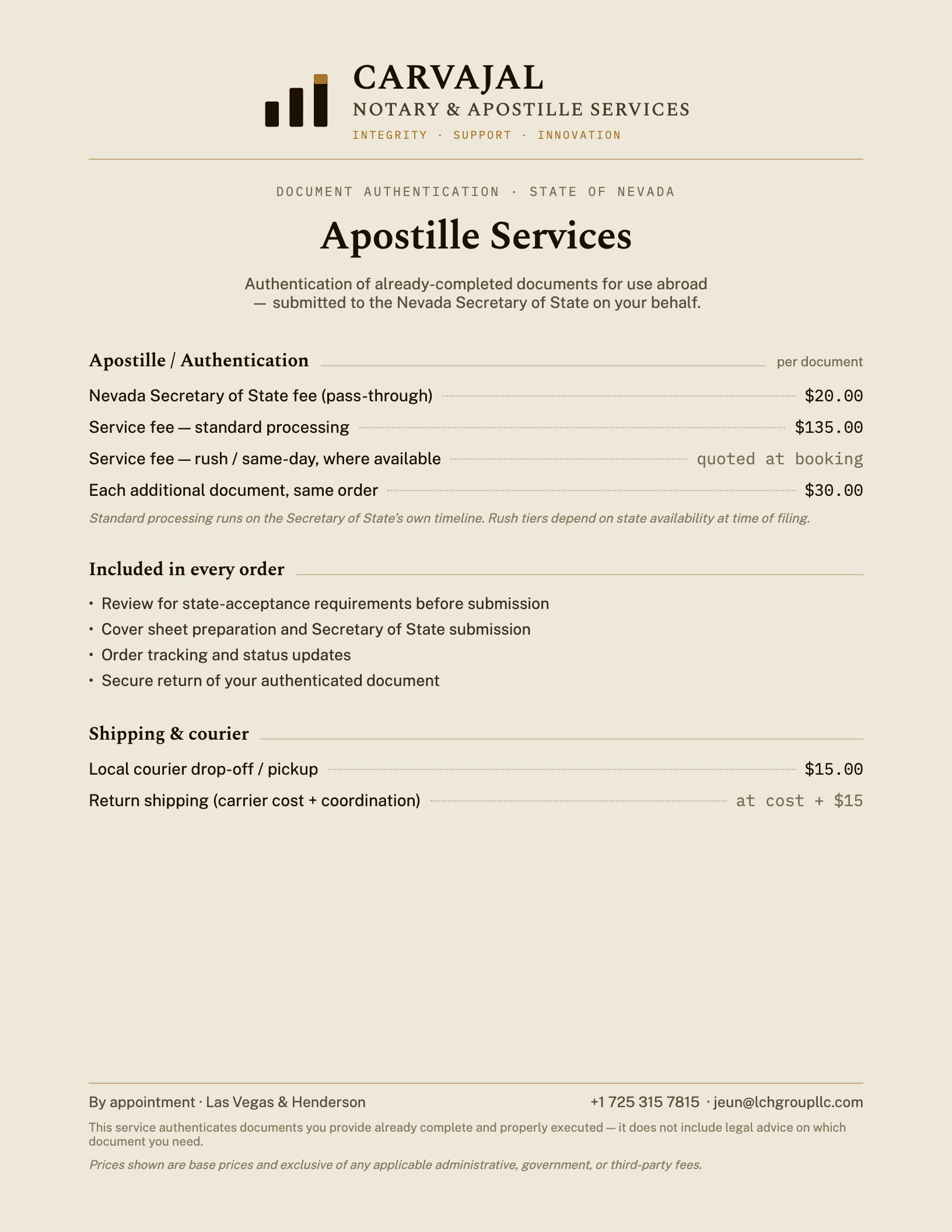 A document from Carvajal Notary & Apostille Services detailing fees for apostille authentication, including charges for Secretary of State, standard, rush, and additional documents, with contact information at the bottom.