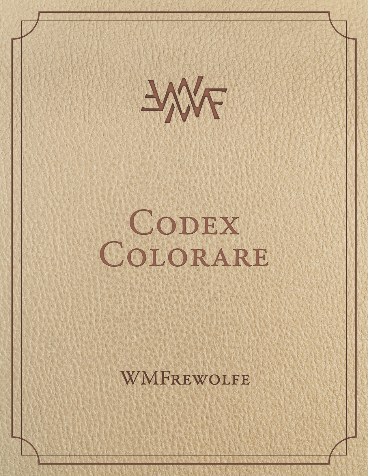 A leatehr book cover with eht WMF Sigil mark and title "Codex Colorare and WMFrewolfe outlined in a deco line motif