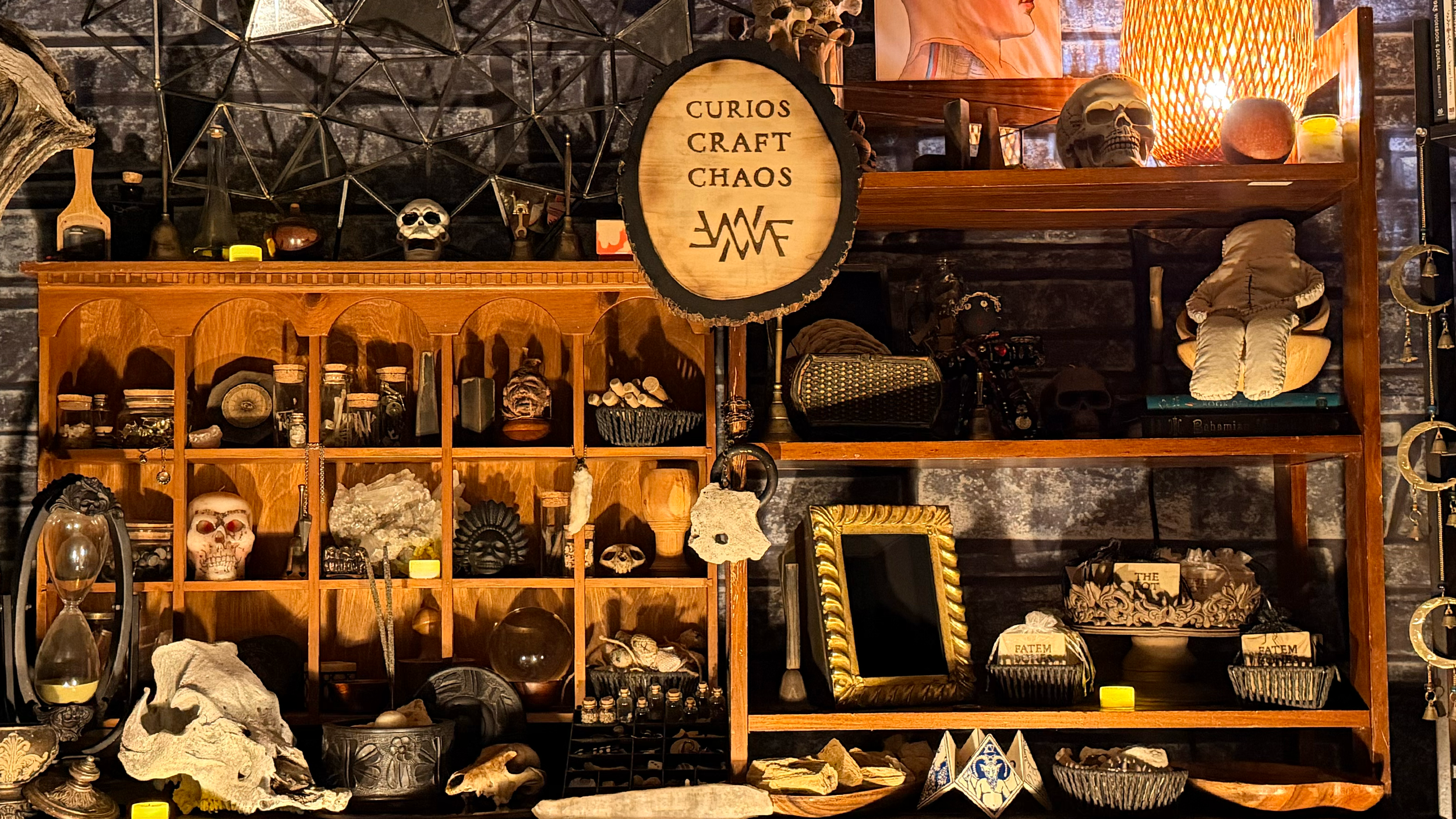 Wood-burned ‘Curios Craft Chaos’ sign with WMF logo above a curiosity cabinet display of skulls, bones, crystals, apothecary jars, and ritual objects