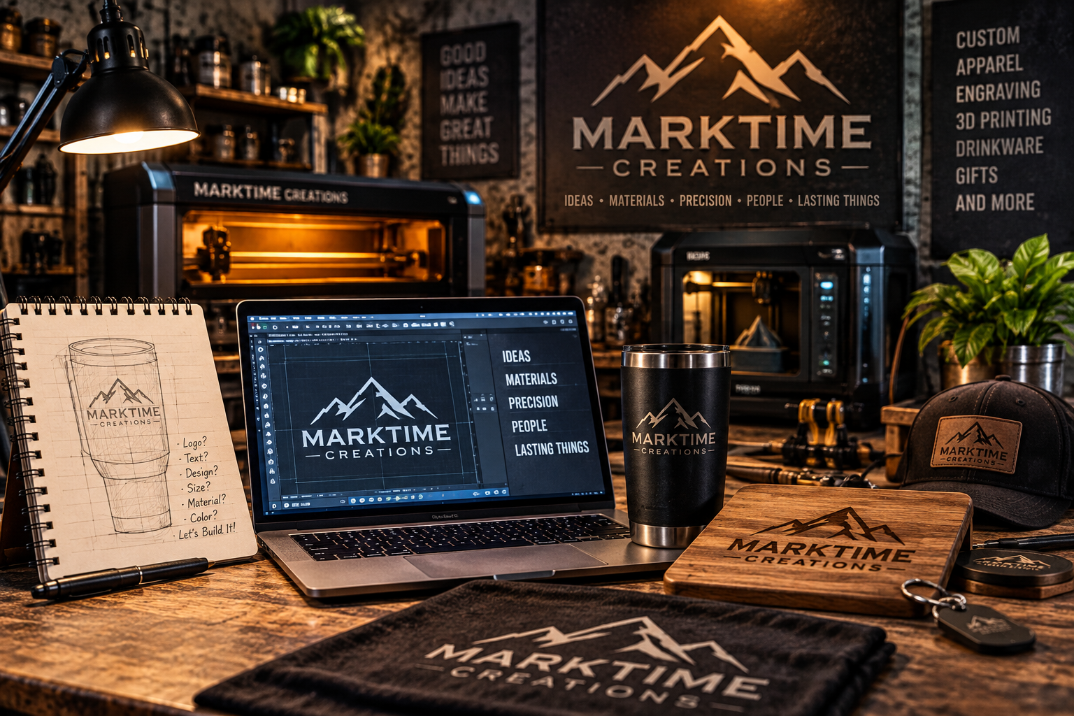 Logo design and personalized products in a MarkTime Creations workspace.