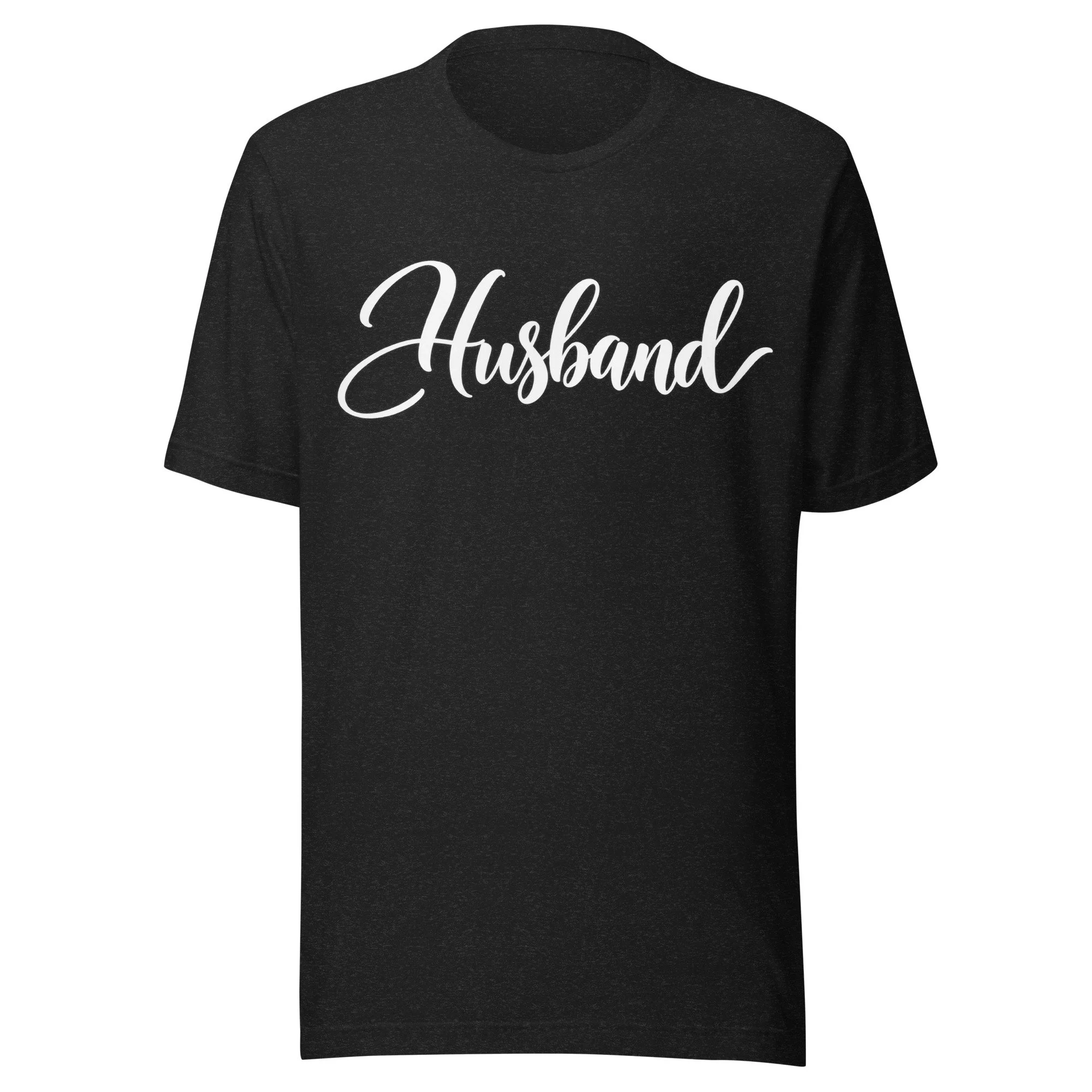 Black newlywed husband T-shirt with white Husband script lettering across the chest, perfect for wedding celebrations and honeymoons.