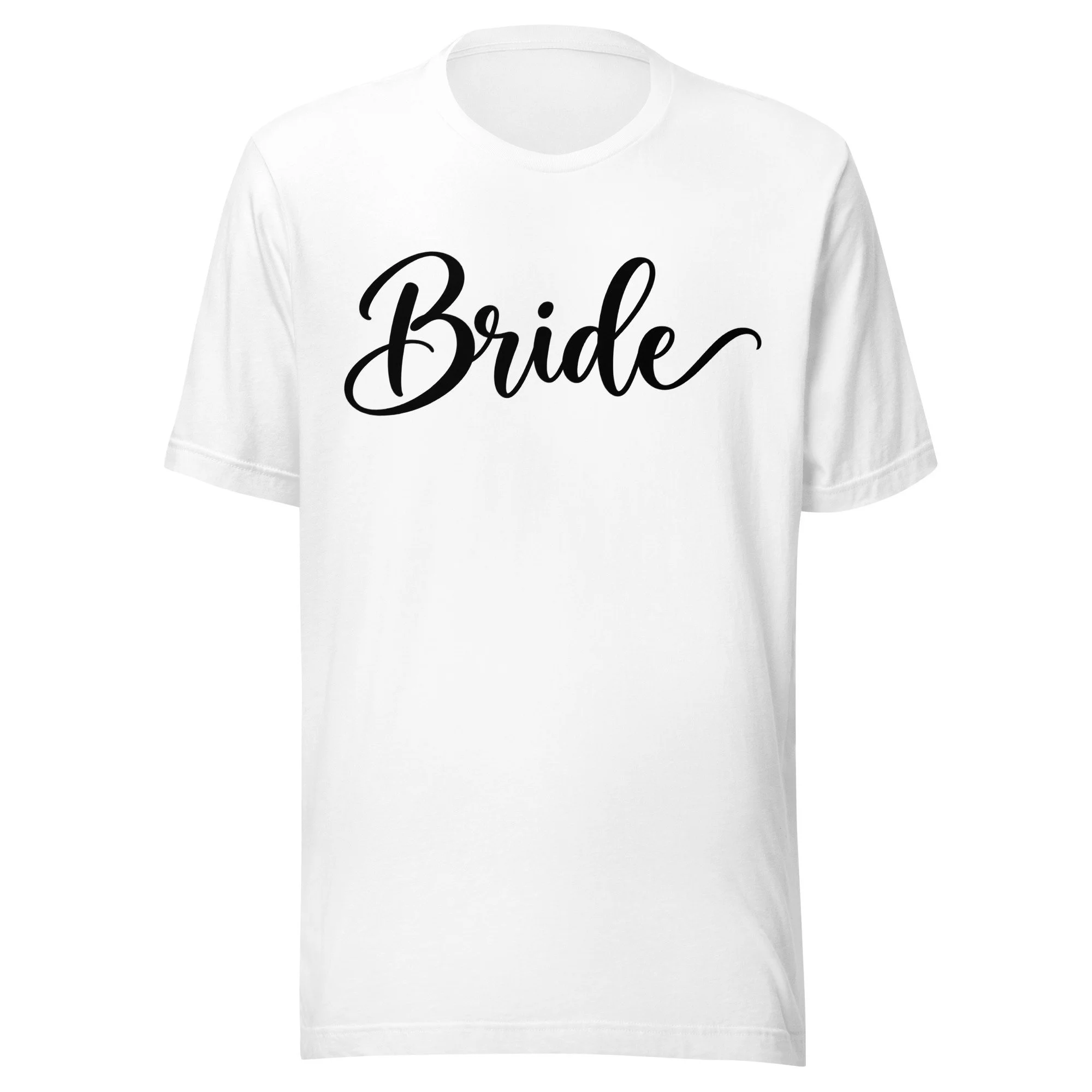 White newlywed Bride T-shirt with elegant black script lettering on the front, by MarkTime Creations.