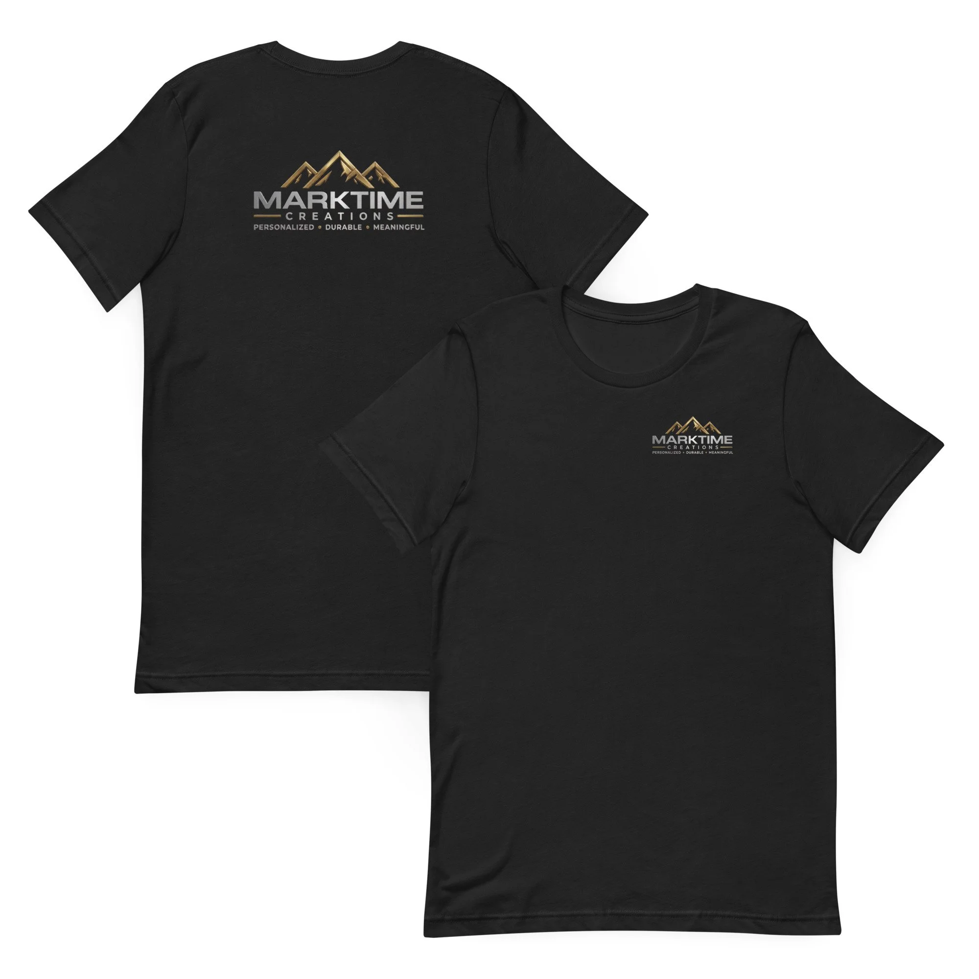 Black MarkTime Creations logo t-shirt featuring gold branding on the front and back.