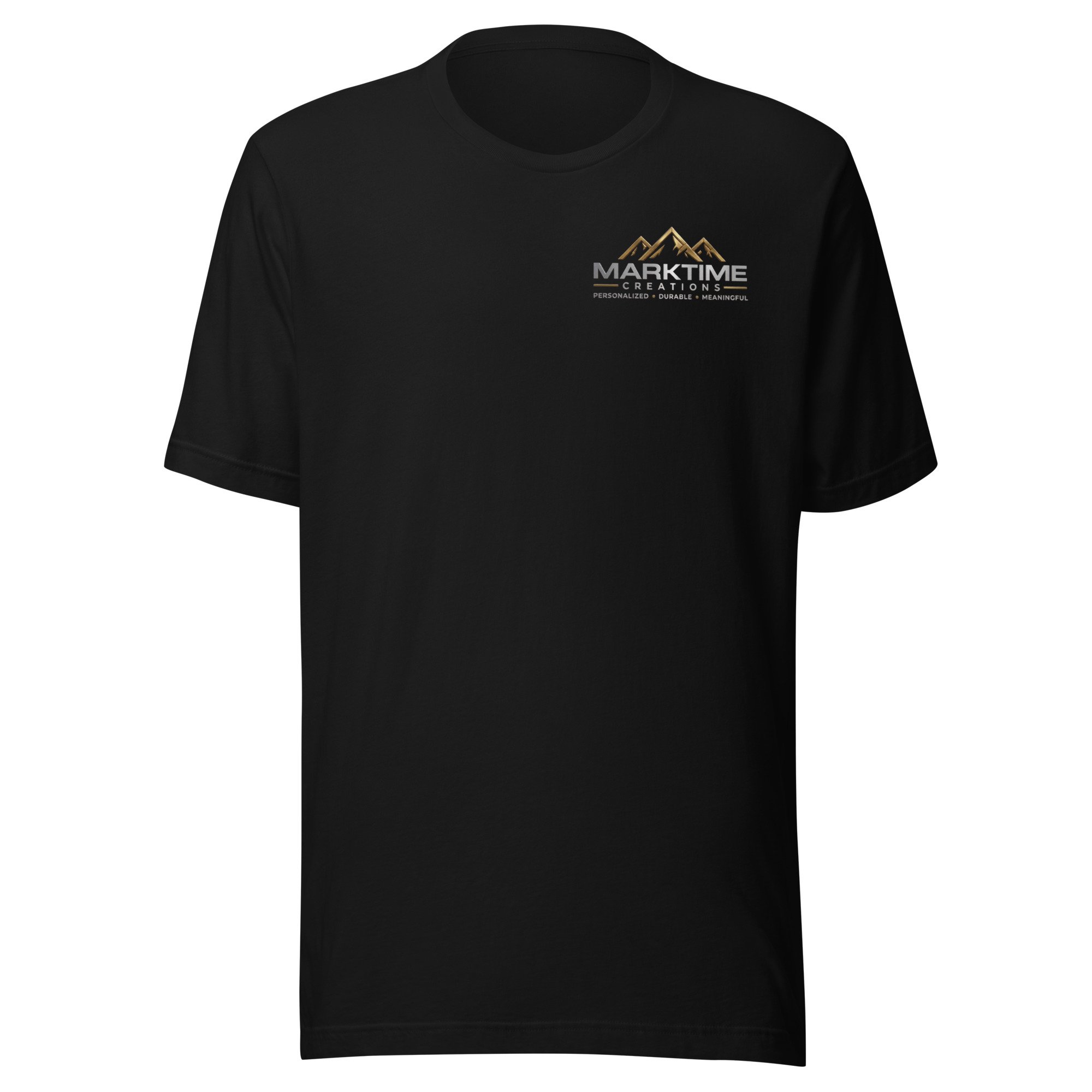 Front view of black MarkTime Creations t-shirt featuring the gold company logo on the left chest.