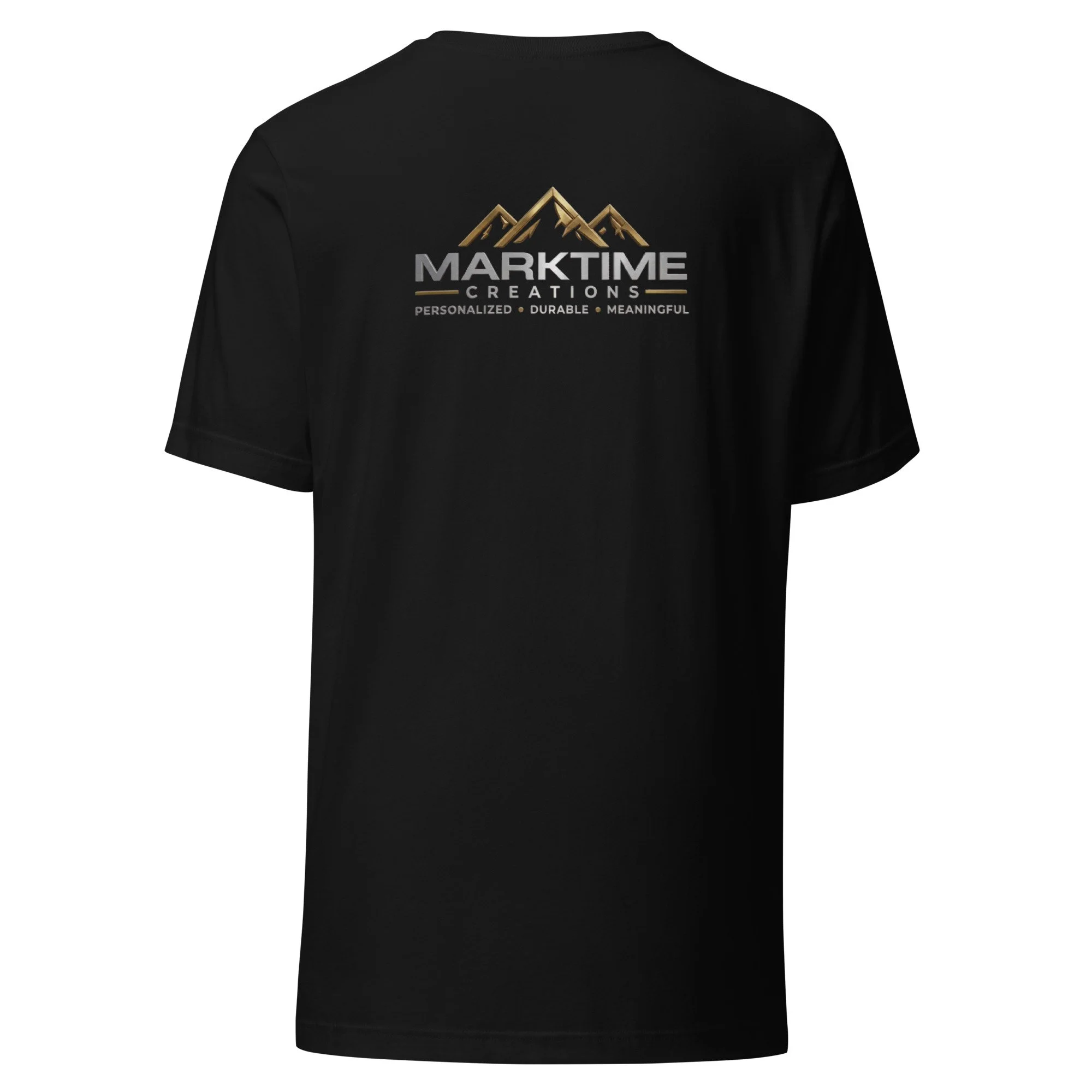 Back view of black MarkTime Creations t-shirt featuring the gold company logo and branding across the upper back.