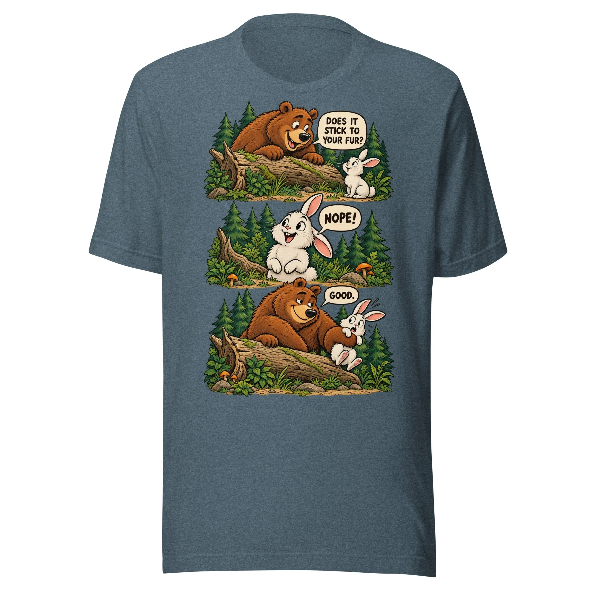 Bear & Rabbit camping humor T-shirt in heather slate, front view, featuring three-scene bear and rabbit cartoon