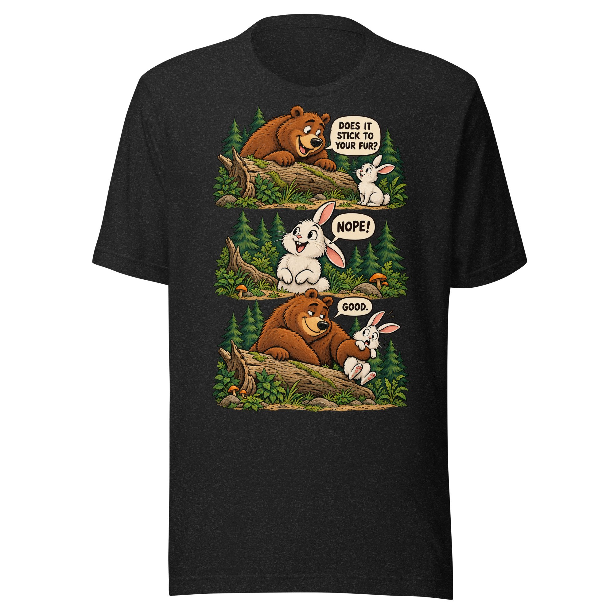 Bear & Rabbit camping humor T-shirt in black heather, front view, featuring three-scene bear and rabbit cartoon