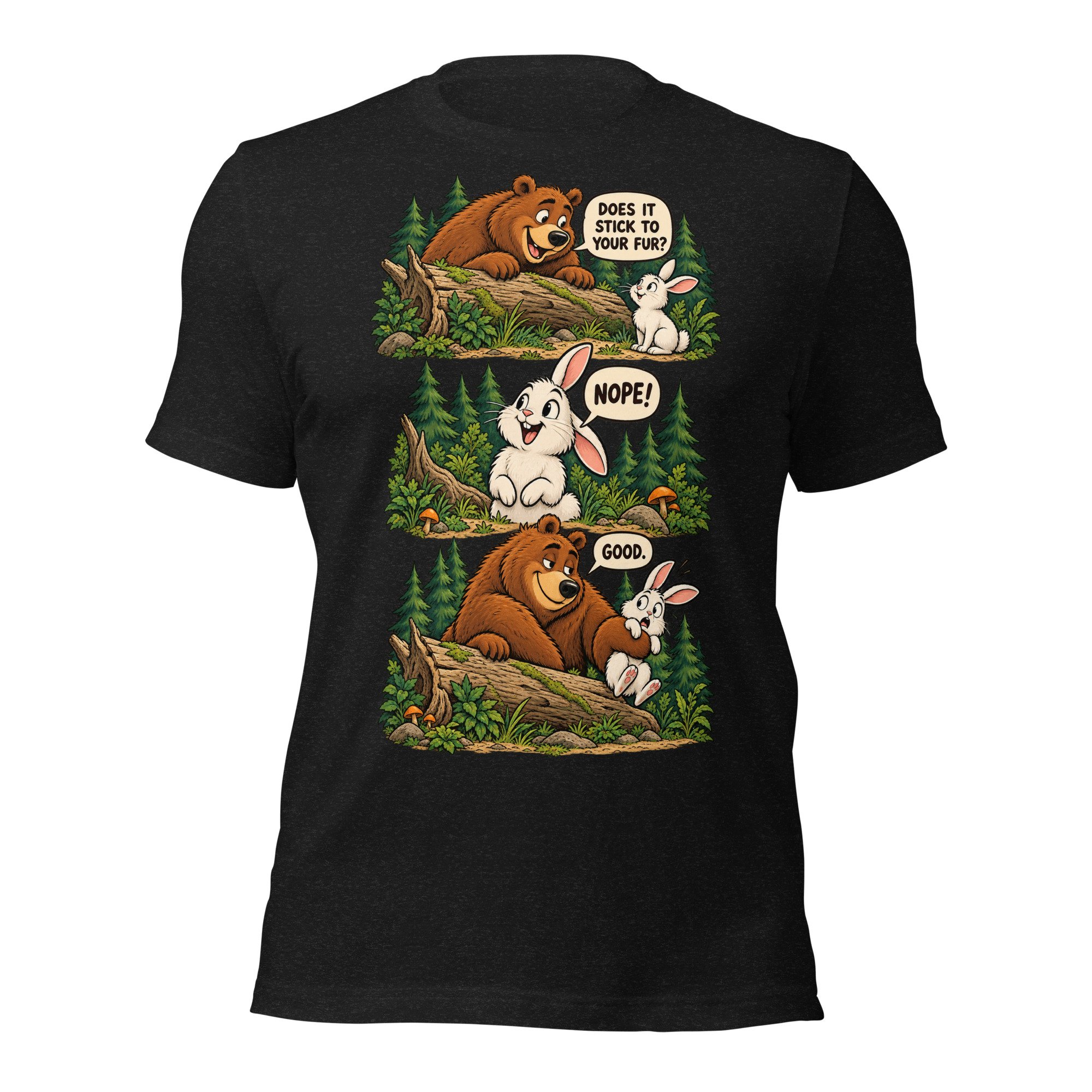 Bear & Rabbit camping humor T-shirt in black heather, front view, featuring three-scene bear and rabbit cartoon