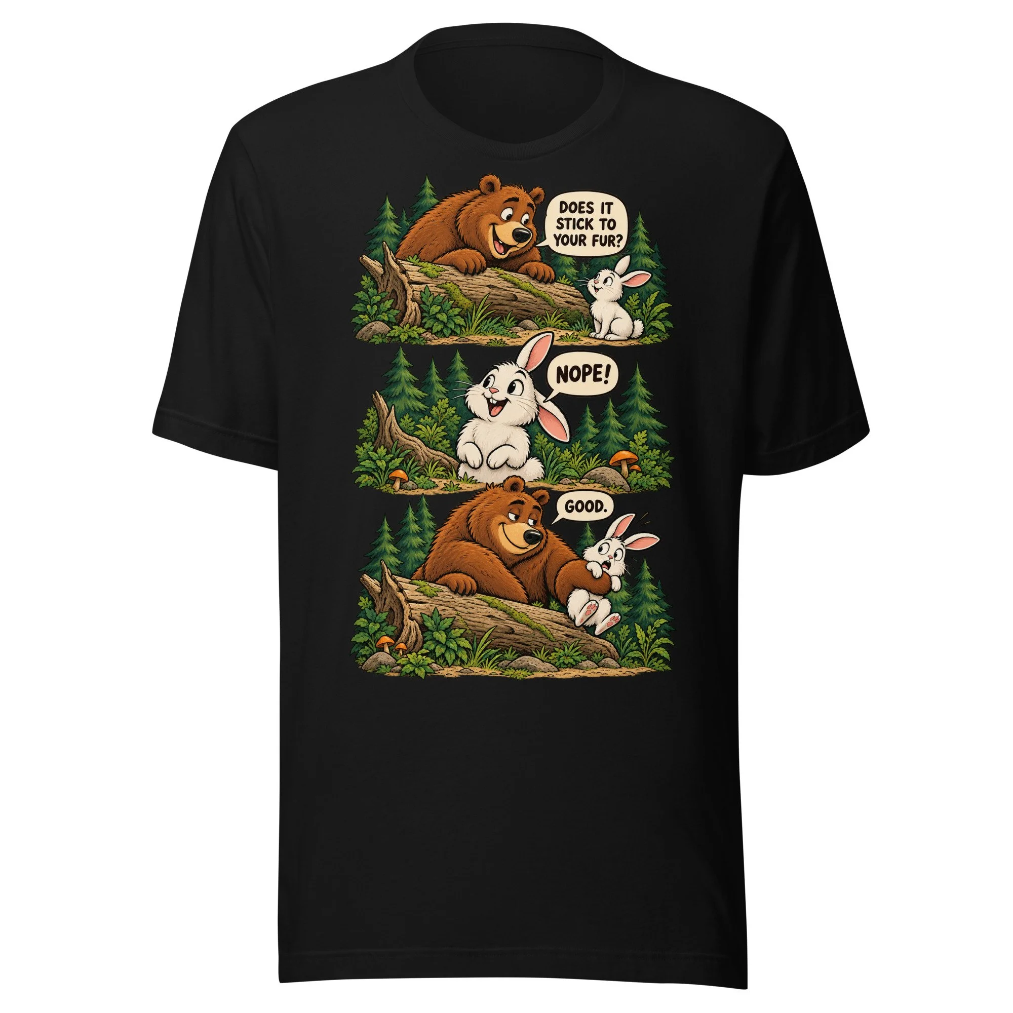 Bear & Rabbit camping humor T-shirt in black, front view, featuring three-scene bear and rabbit cartoon