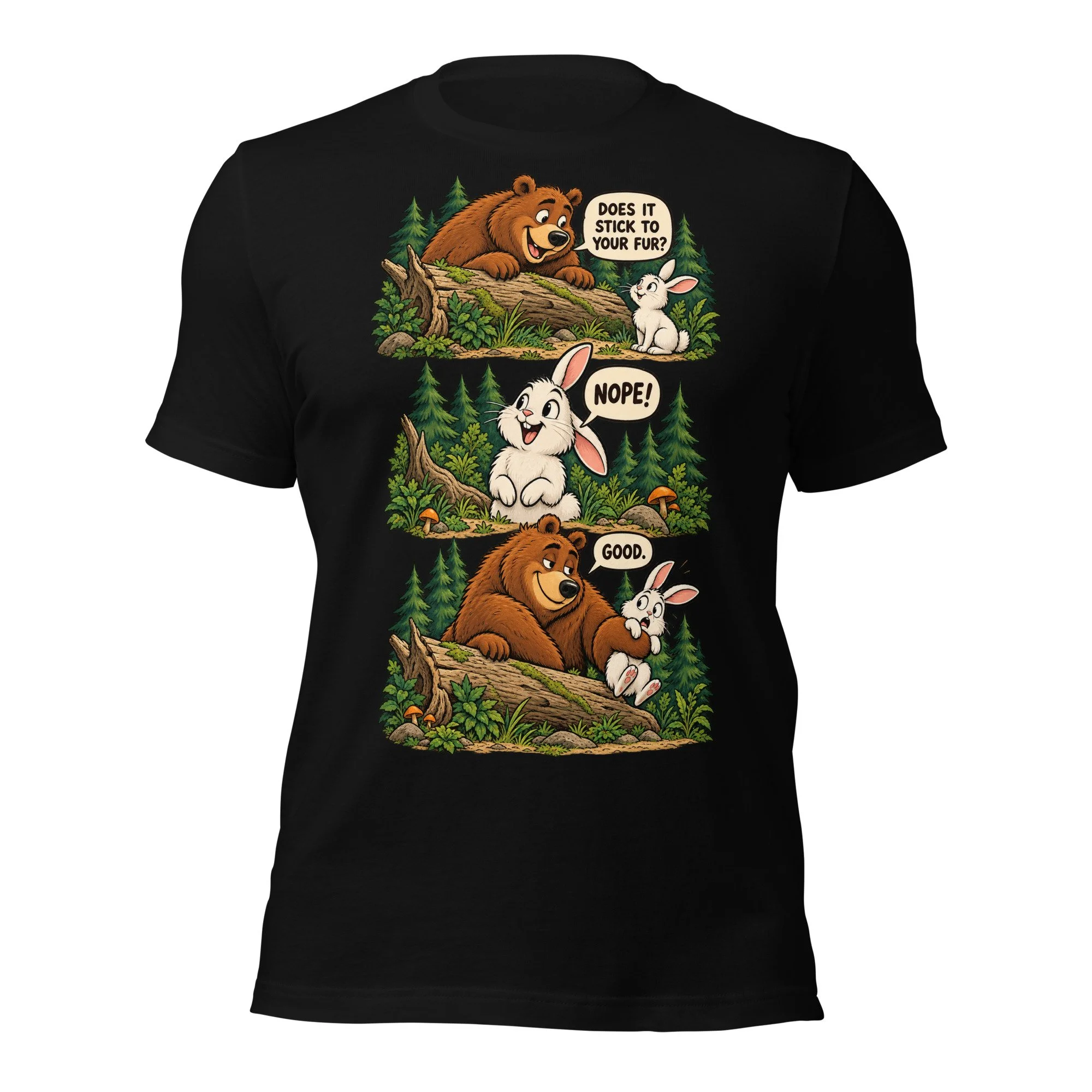 Bear & Rabbit camping humor T-shirt in black, front view, featuring three-scene bear and rabbit cartoon