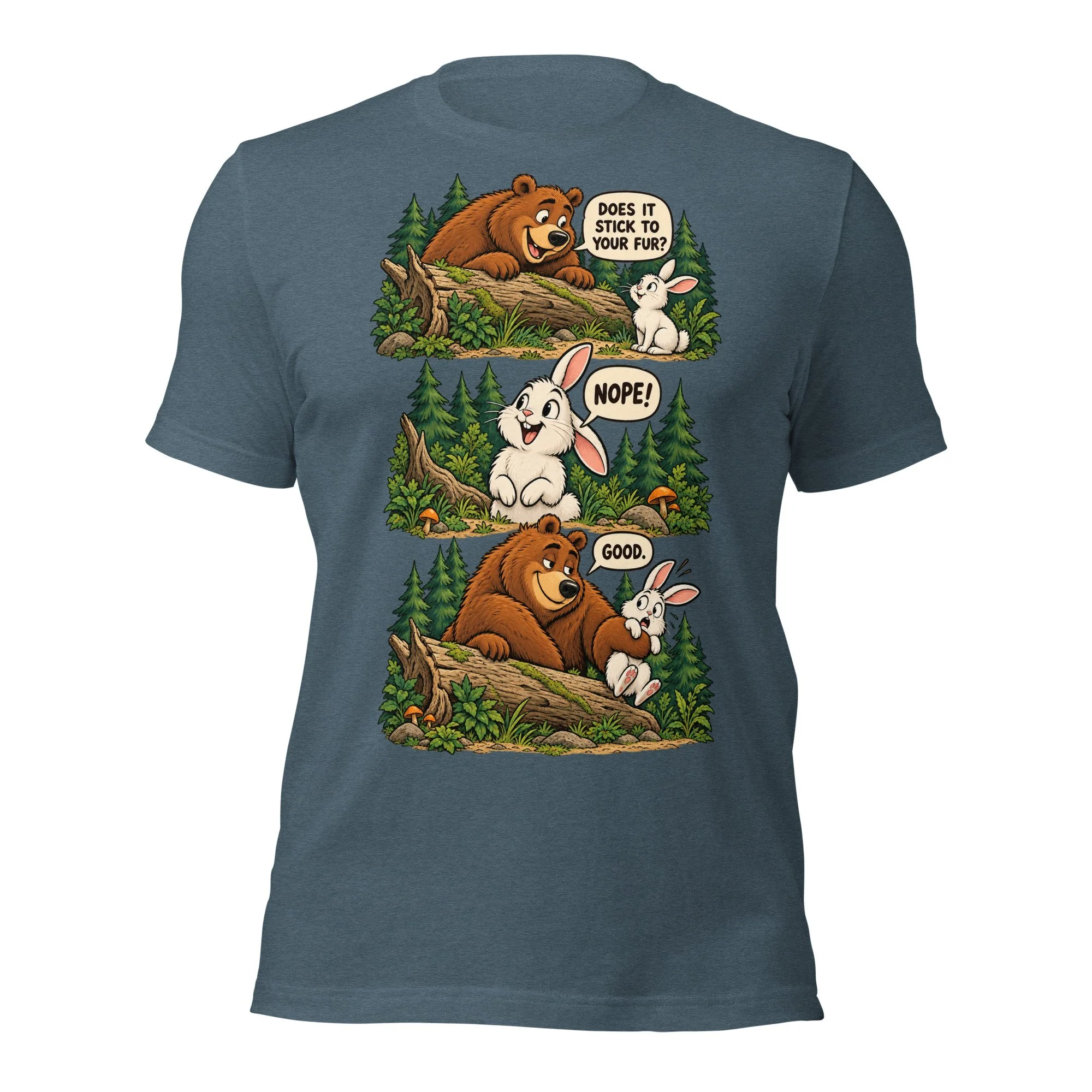 Bear & Rabbit camping humor T-shirt in heather slate, front view, featuring three-scene bear and rabbit cartoon