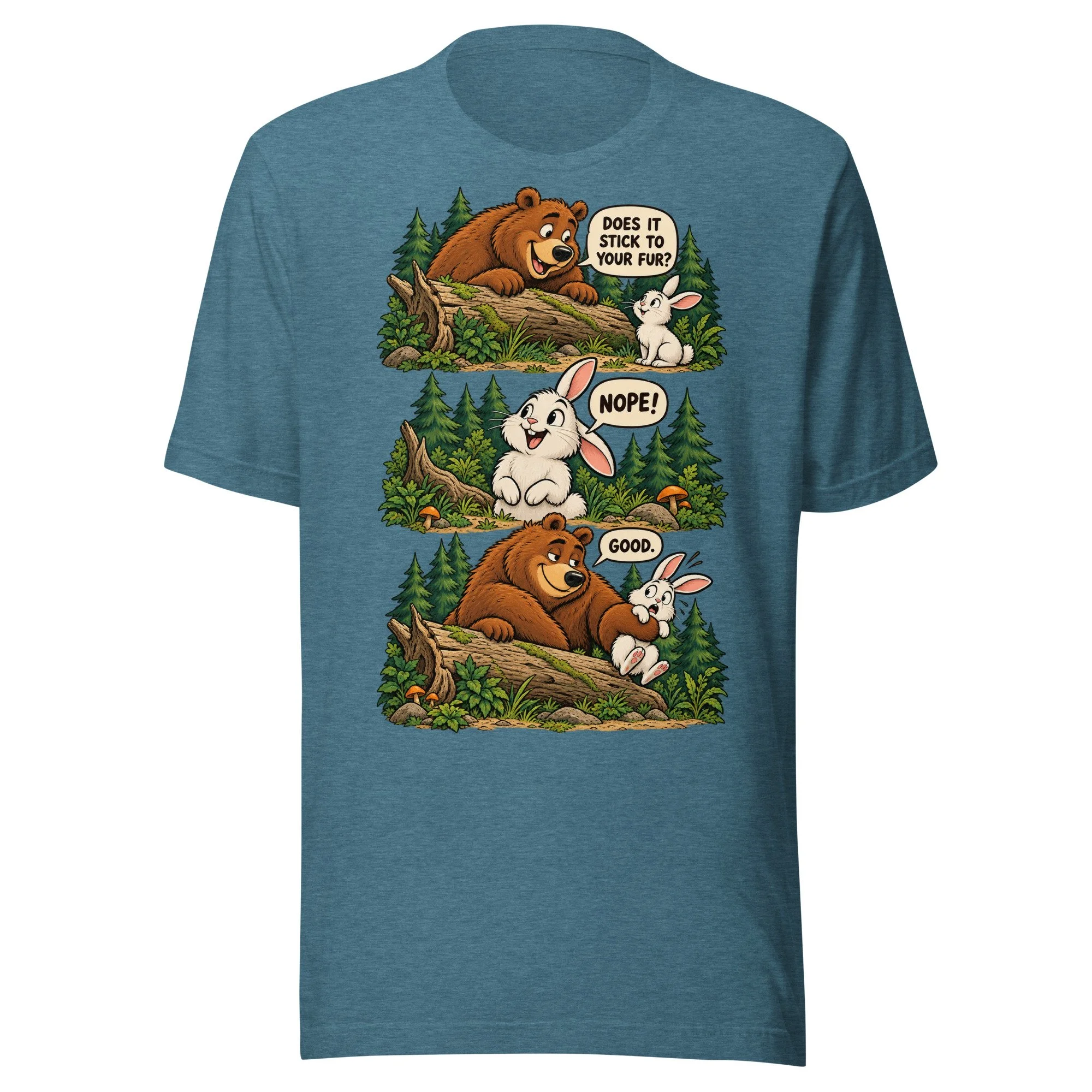 Bear & Rabbit camping humor T-shirt in heather deep teal, front view, featuring three-scene bear and rabbit cartoon