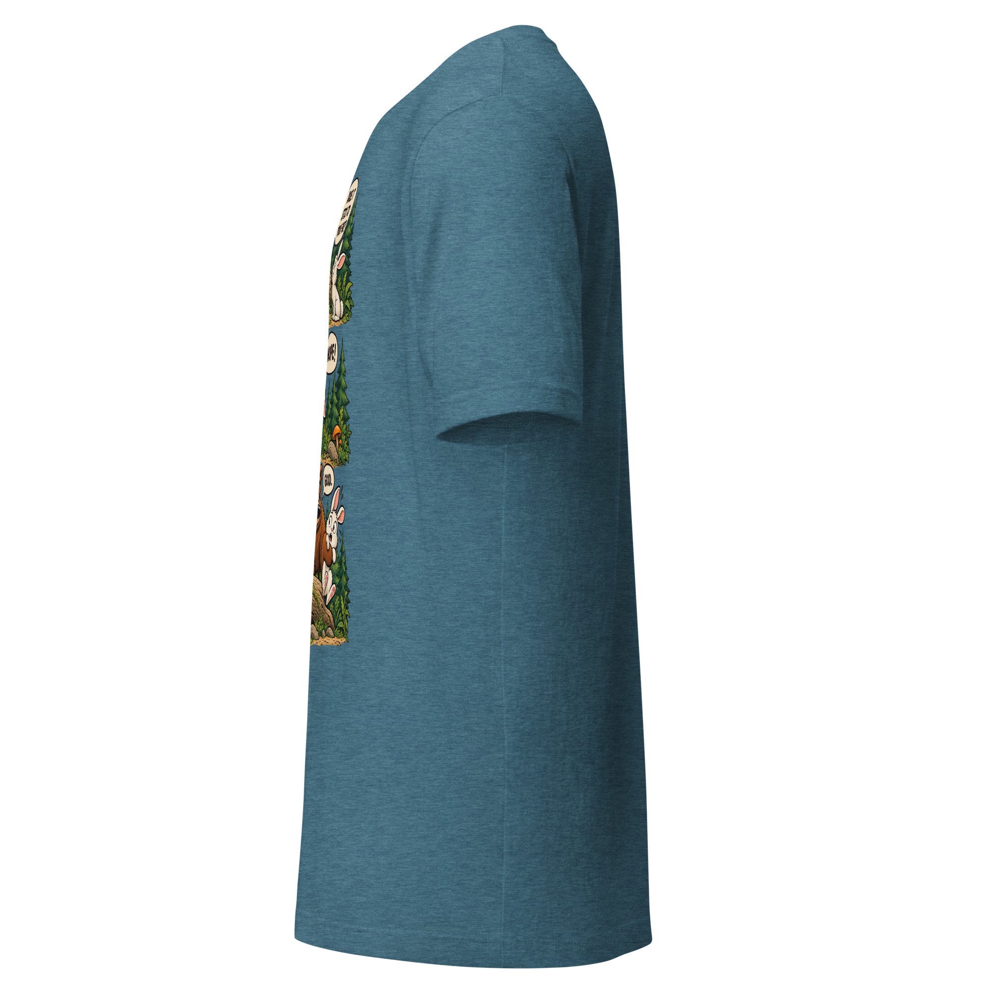 Bear & Rabbit camping humor T-shirt in heather deep teal, left side view