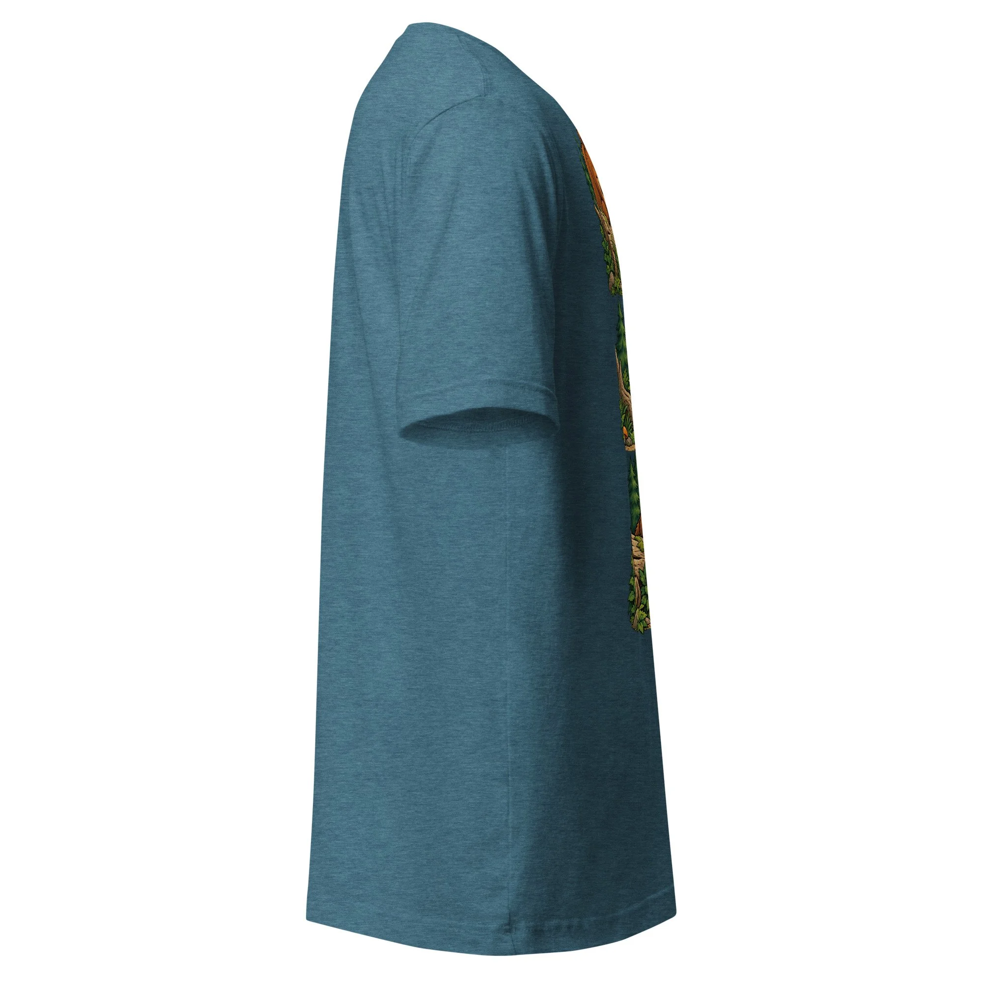 Bear & Rabbit camping humor T-shirt in heather deep teal, right side view