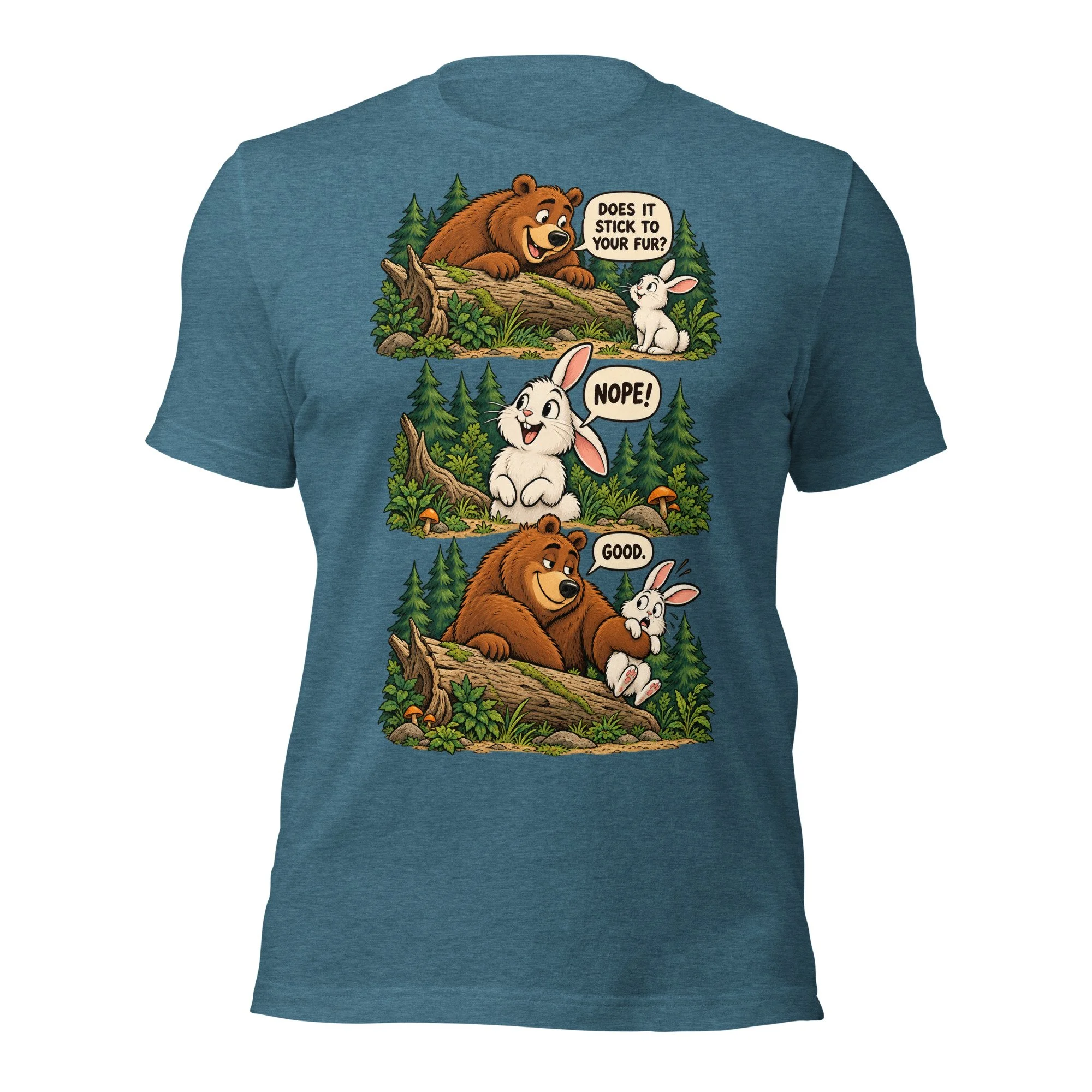 Bear & Rabbit camping humor T-shirt in heather deep teal, front view, featuring three-scene bear and rabbit cartoon