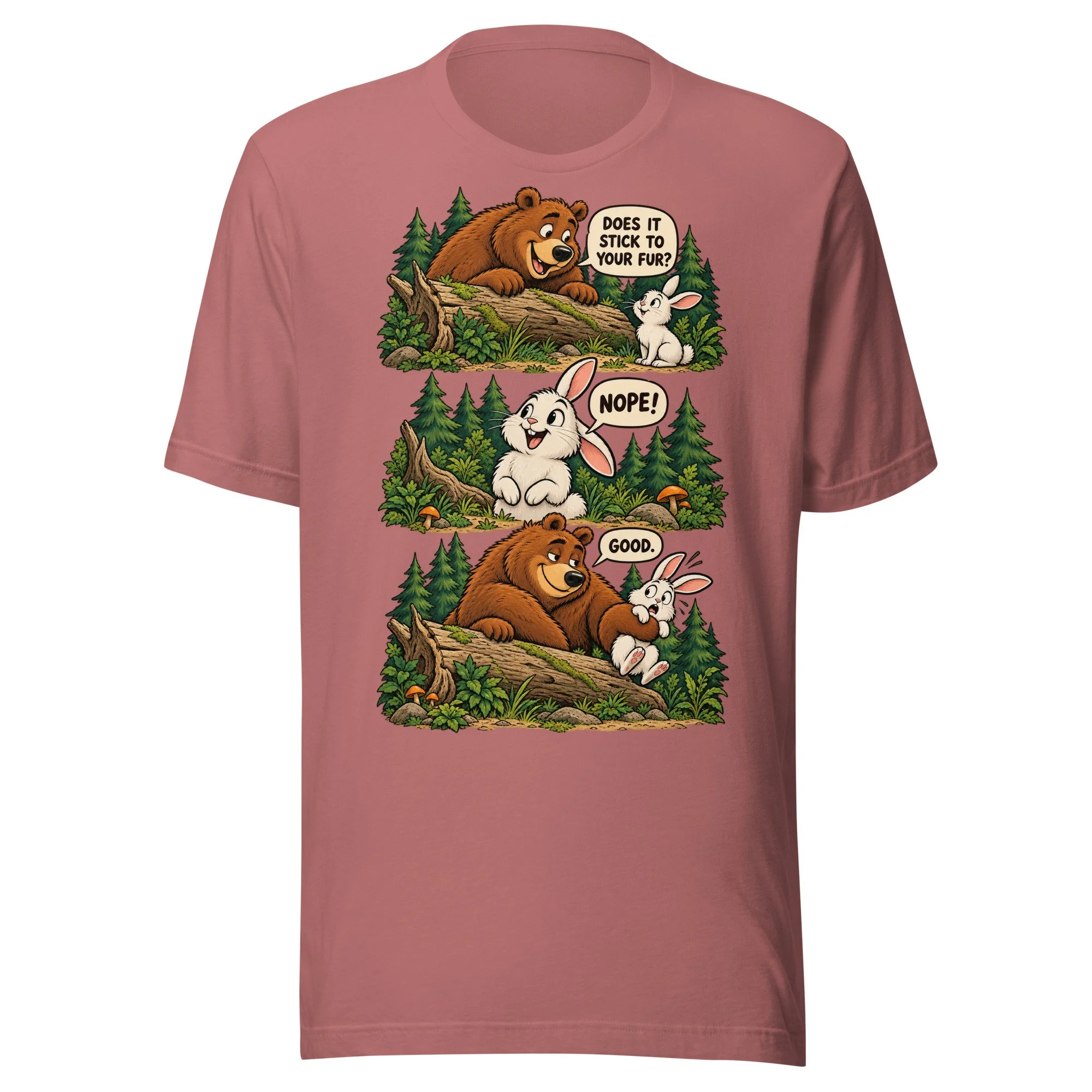 Bear & Rabbit camping humor T-shirt in mauve, front view, featuring three-scene bear and rabbit cartoon