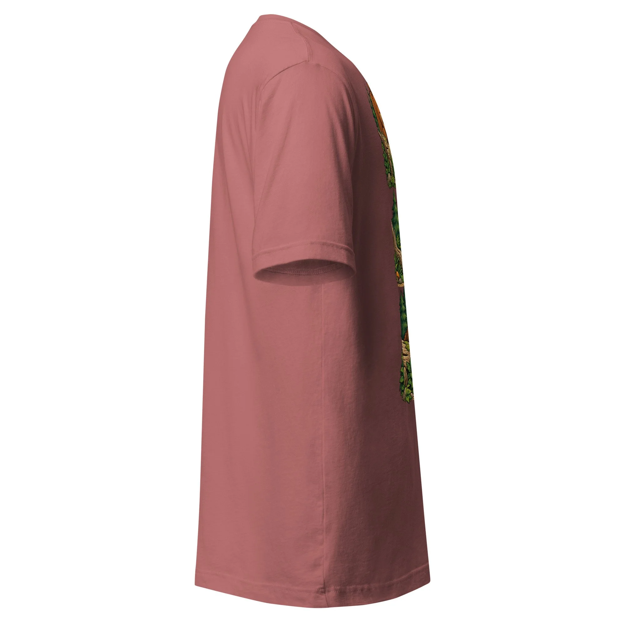 Bear & Rabbit camping humor T-shirt in mauve, right side view
