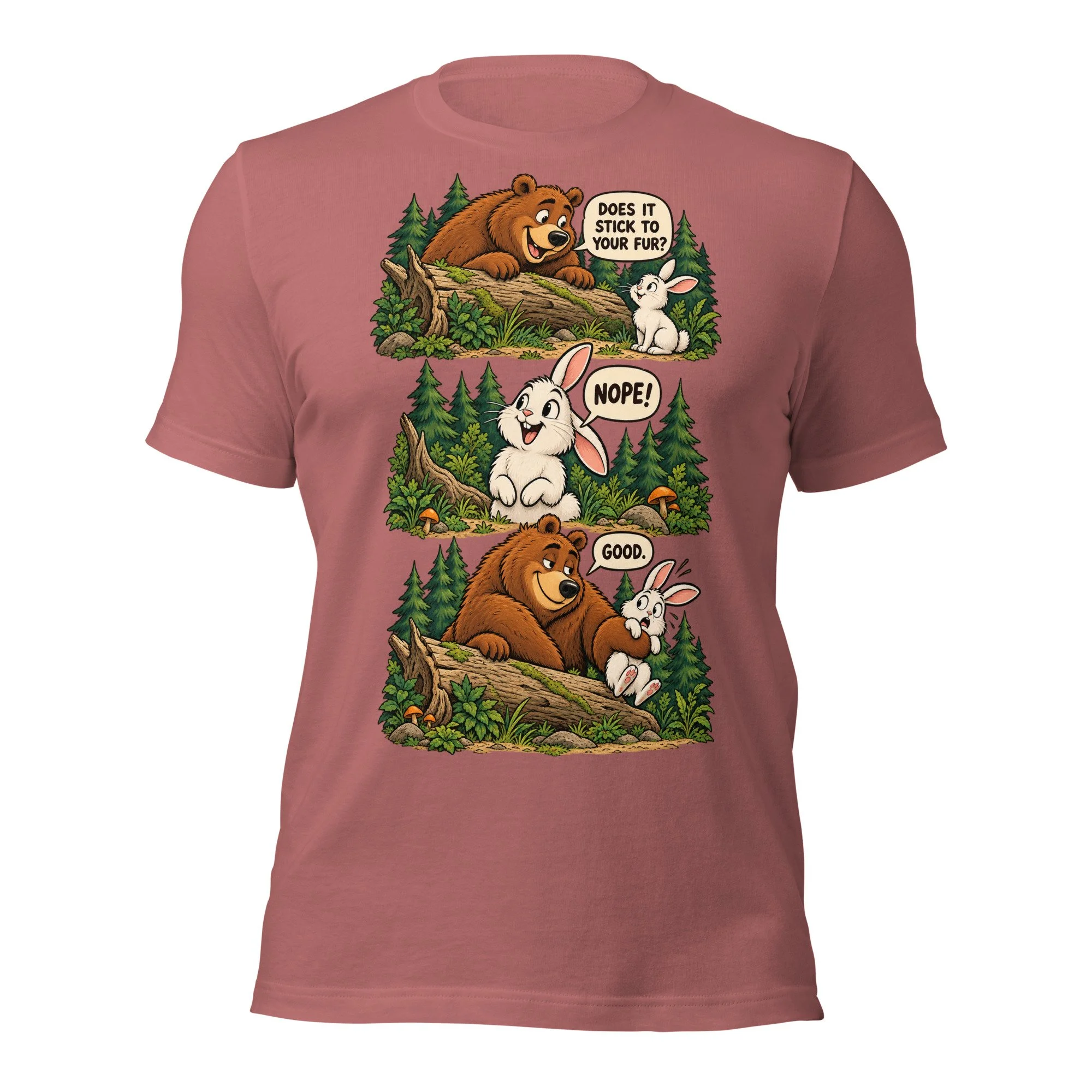 Bear & Rabbit camping humor T-shirt in mauve, front view, featuring three-scene bear and rabbit cartoon
