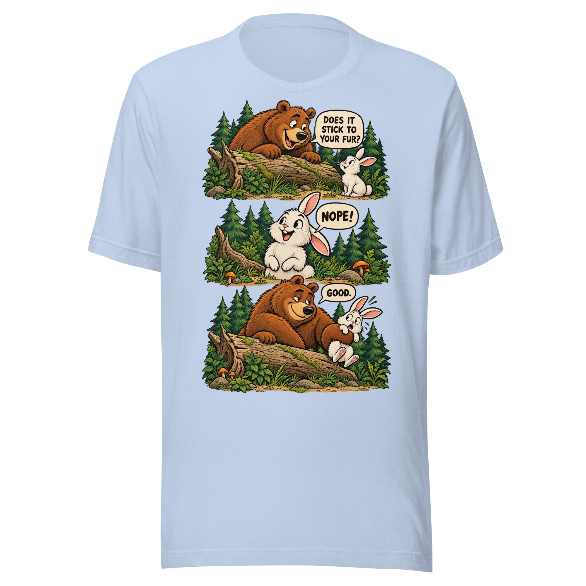 Bear & Rabbit camping humor T-shirt in baby blue, front view, featuring three-scene bear and rabbit cartoon